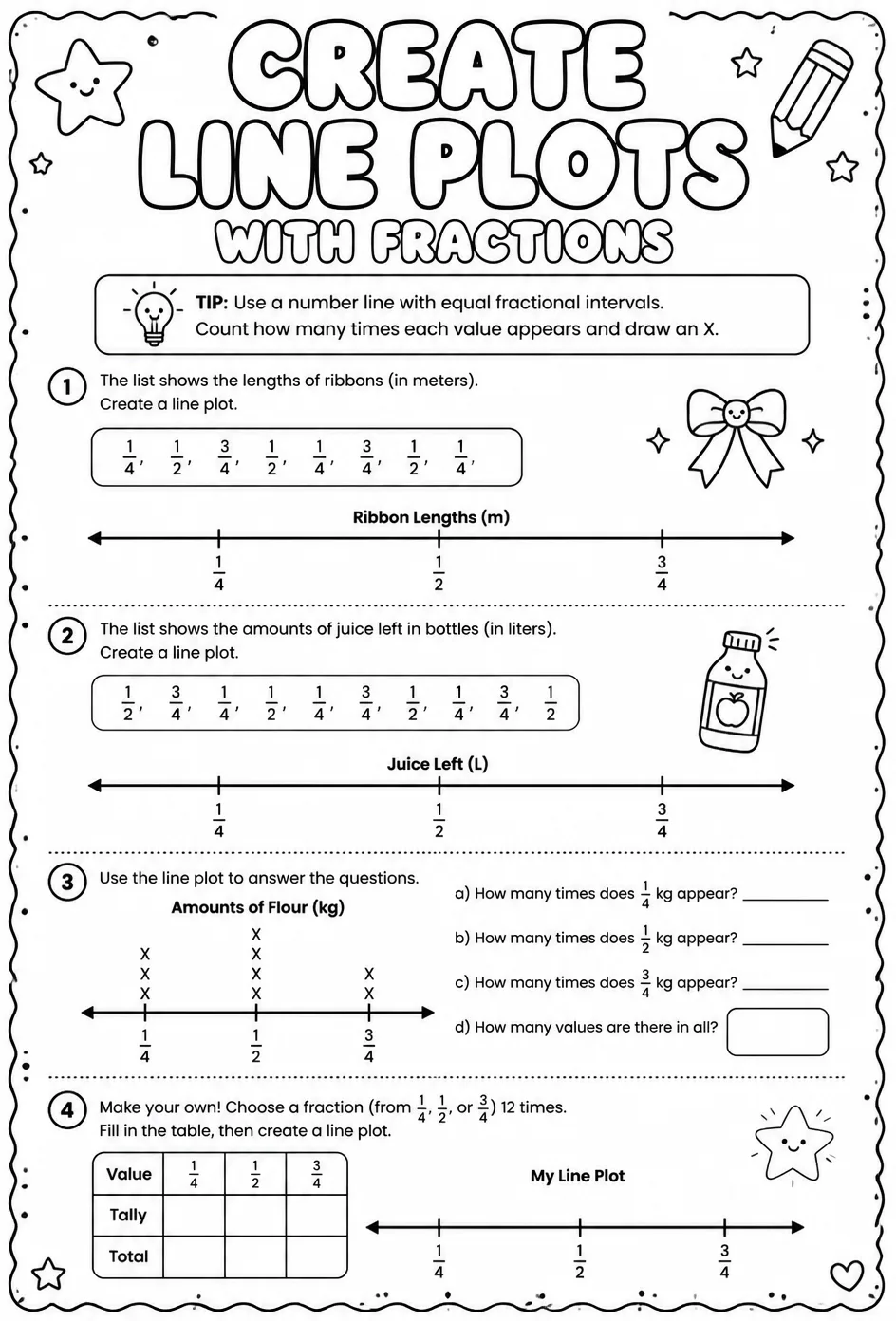 Create line plots with fractions — free printable Grade 4 math worksheet