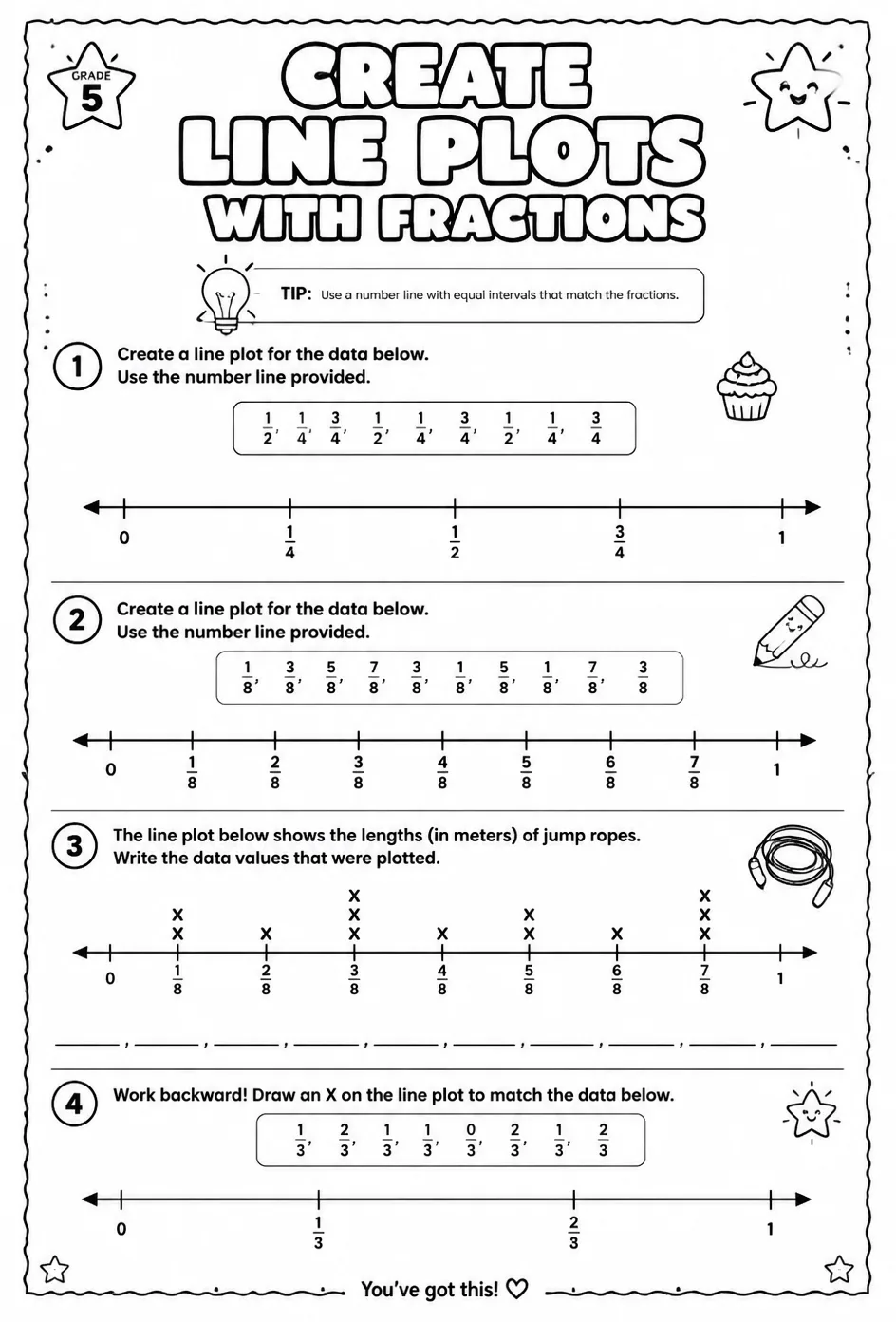 Create line plots with fractions — free printable Grade 5 math worksheet