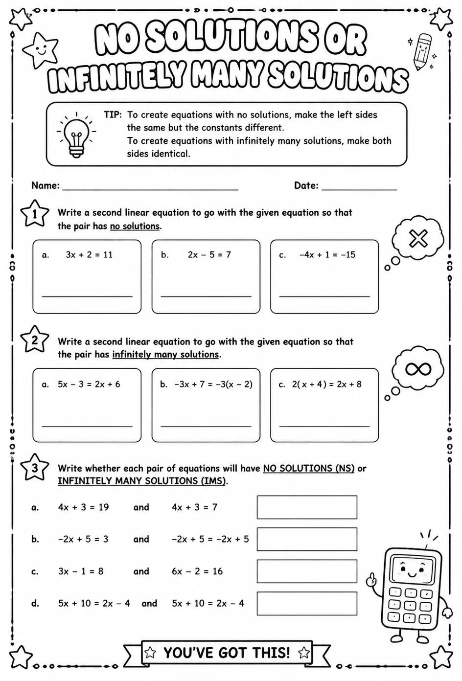 Create linear equations with no solutions or infinitely many solutions — free printable Algebra 1 math worksheet