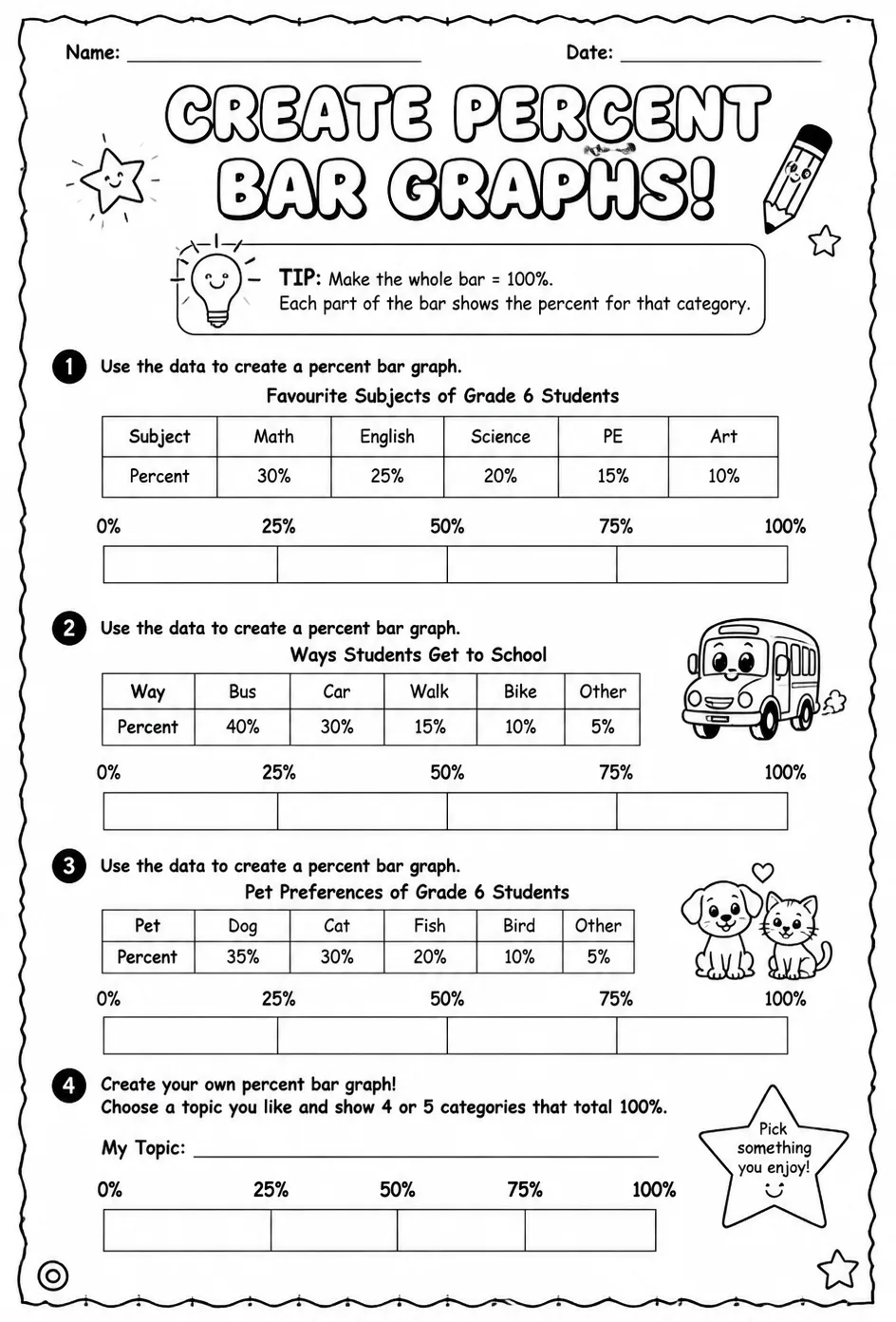 Create percent bar graphs — free printable Grade 6 math worksheet