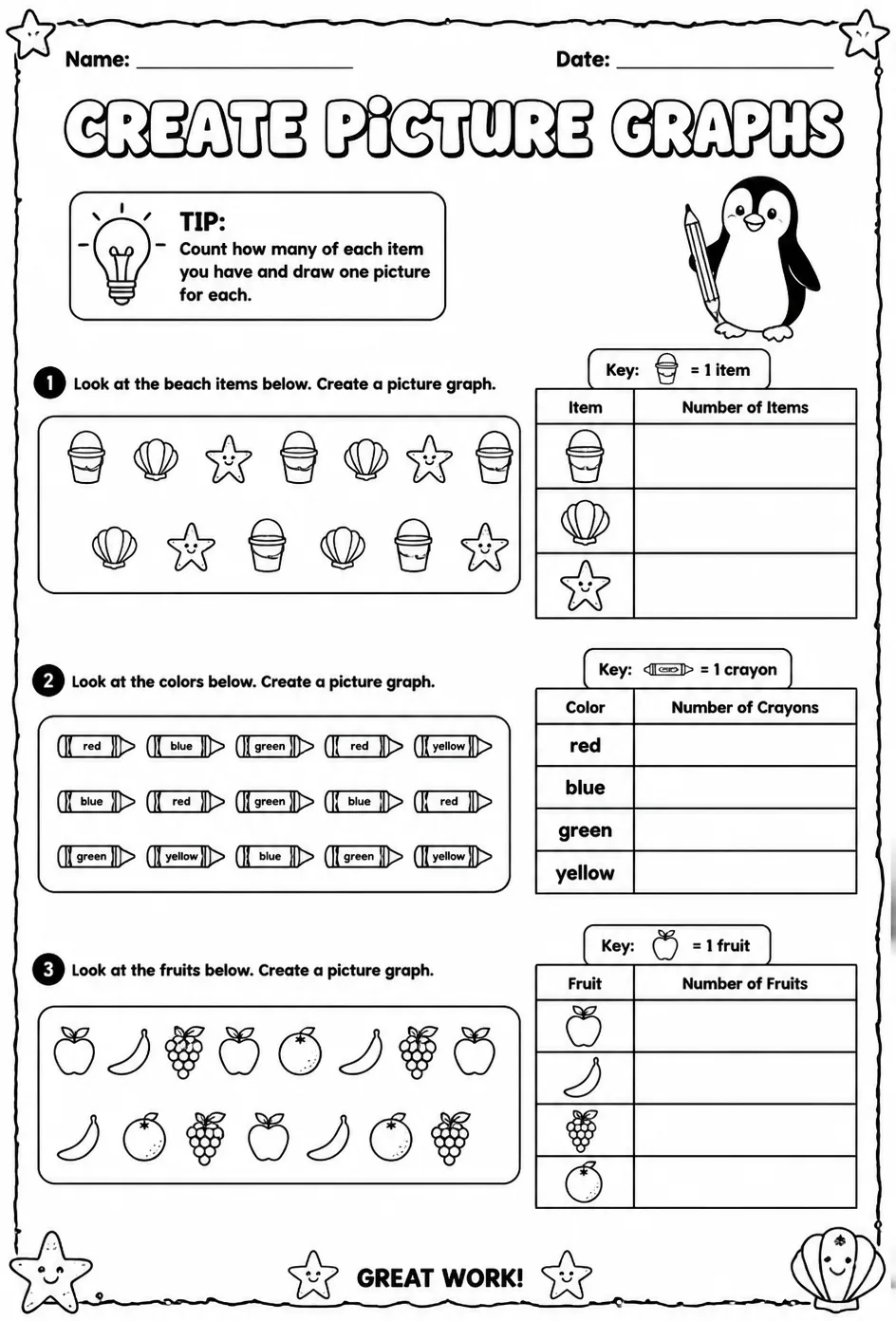 Create picture graphs — free printable Grade 2 math worksheet