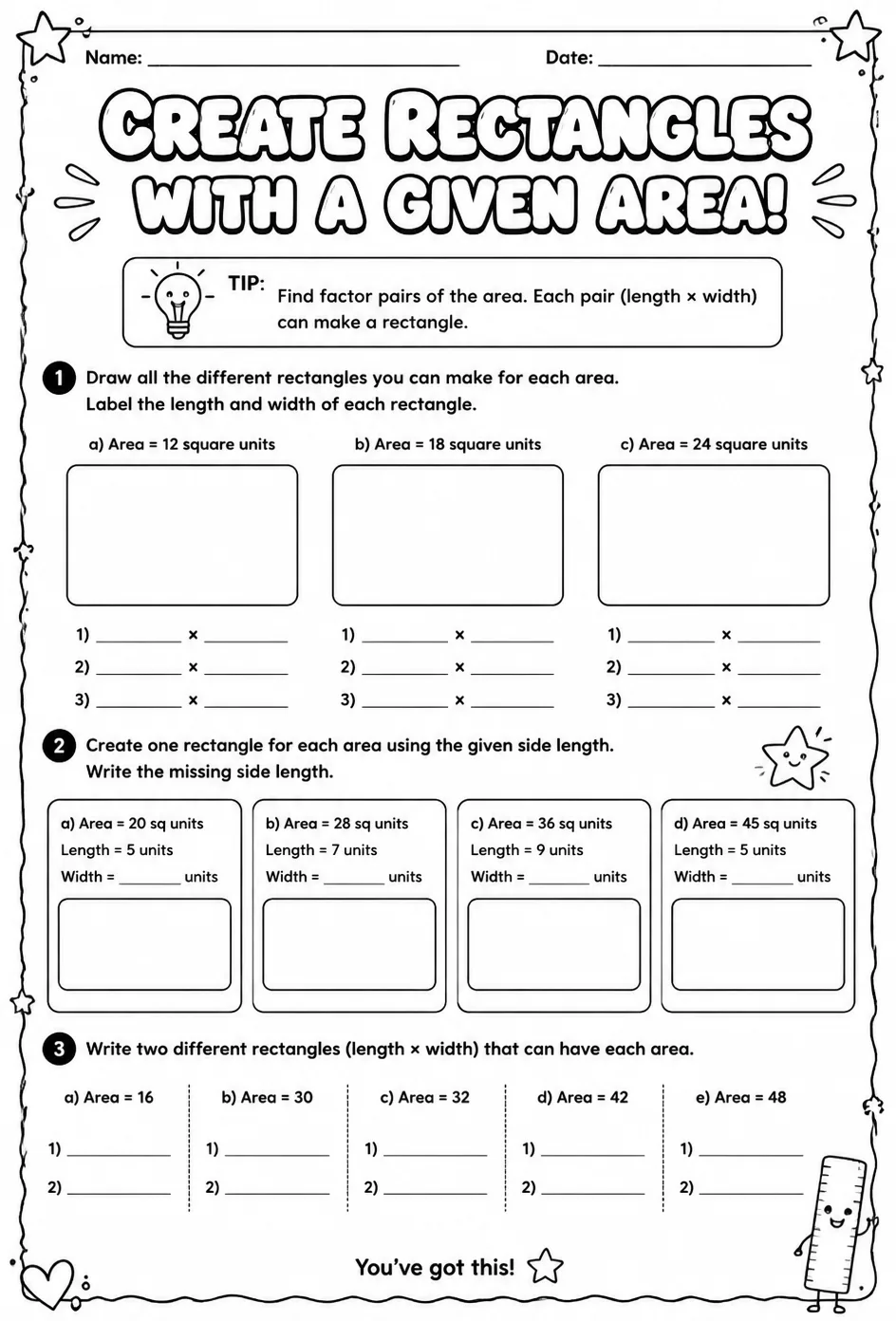 Create rectangles with a given area — free printable Grade 3 math worksheet