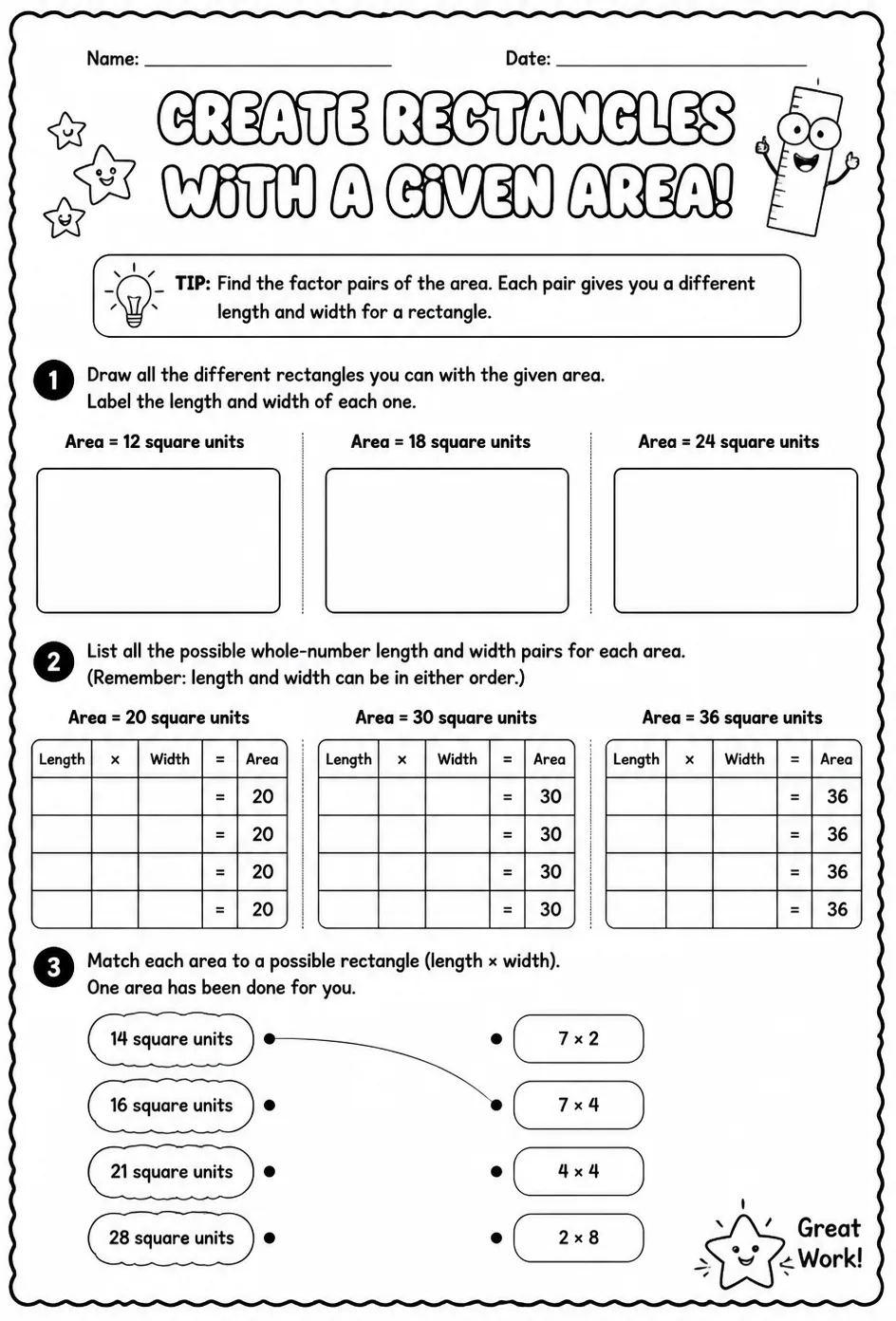 Create rectangles with a given area — free printable Grade 4 math worksheet