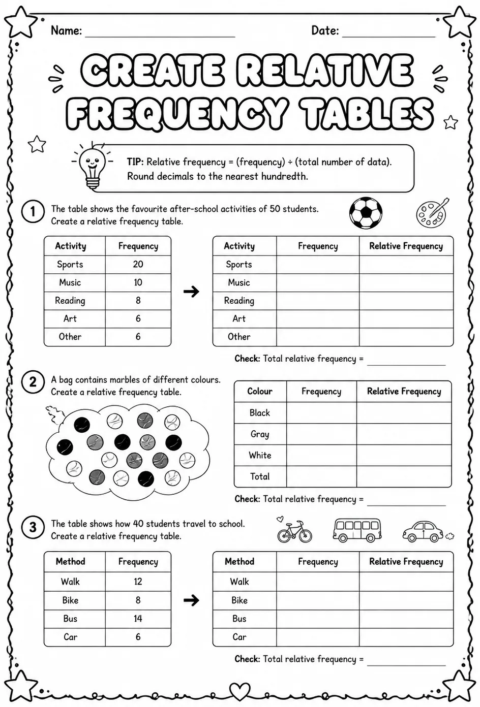 Create relative frequency tables — free printable Grade 6 math worksheet