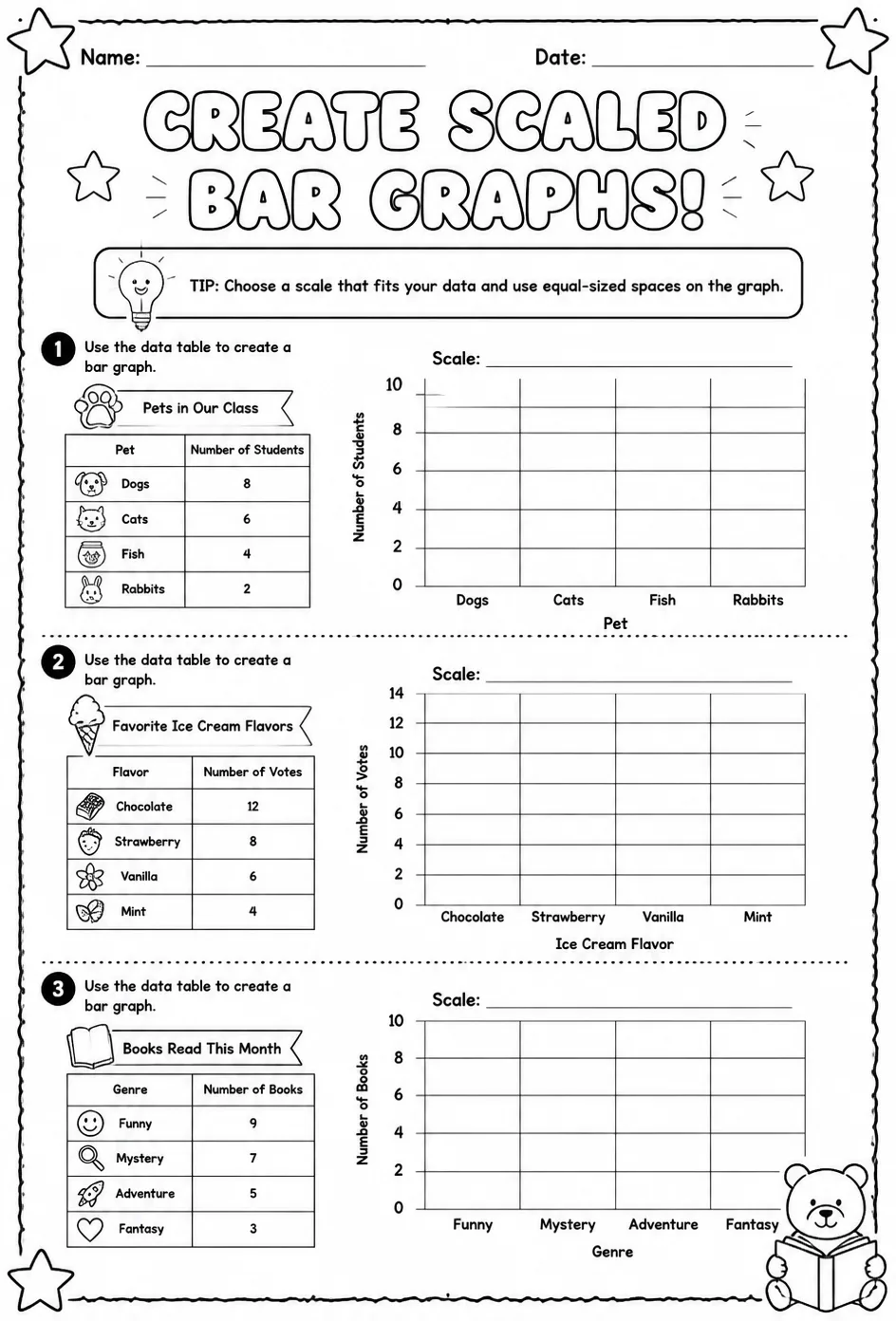 Create scaled bar graphs — free printable Grade 3 math worksheet