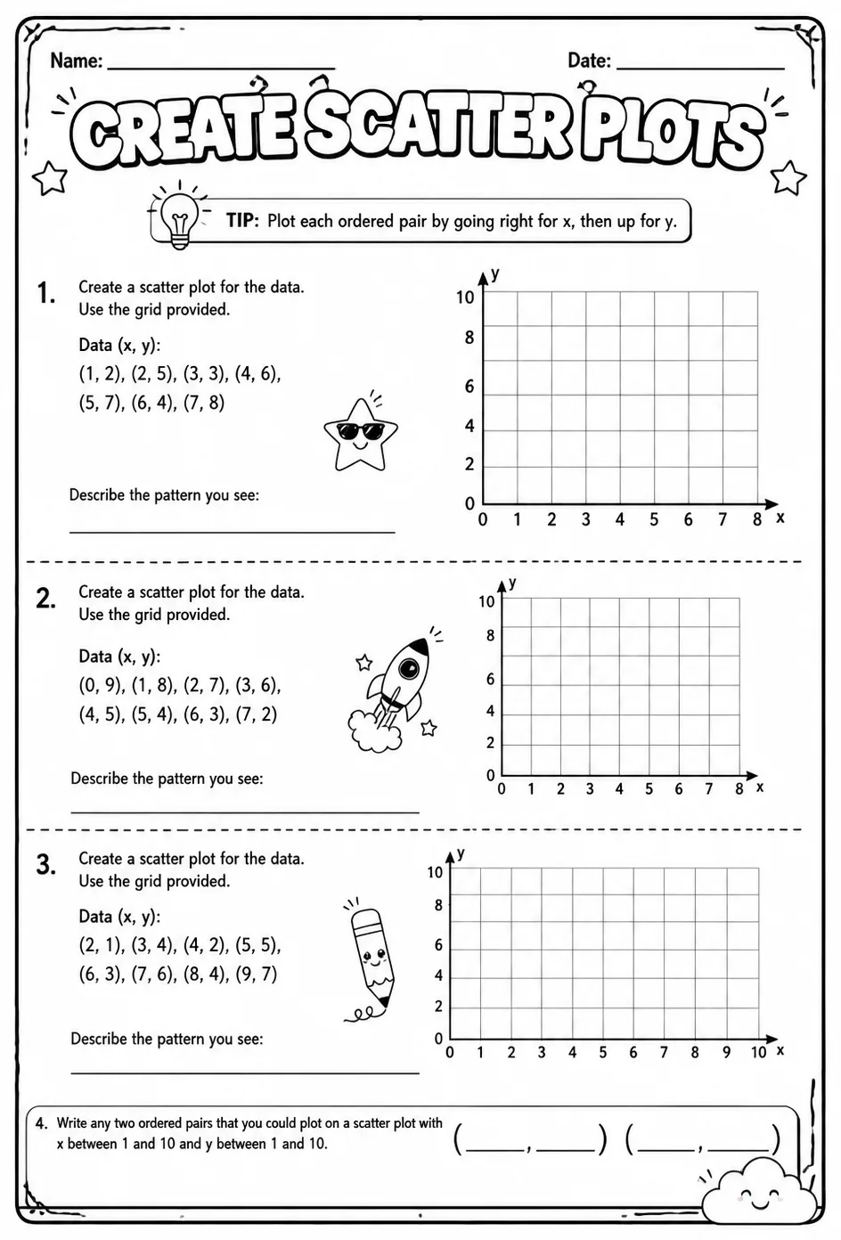 Create scatter plots — free printable Grade 8 math worksheet