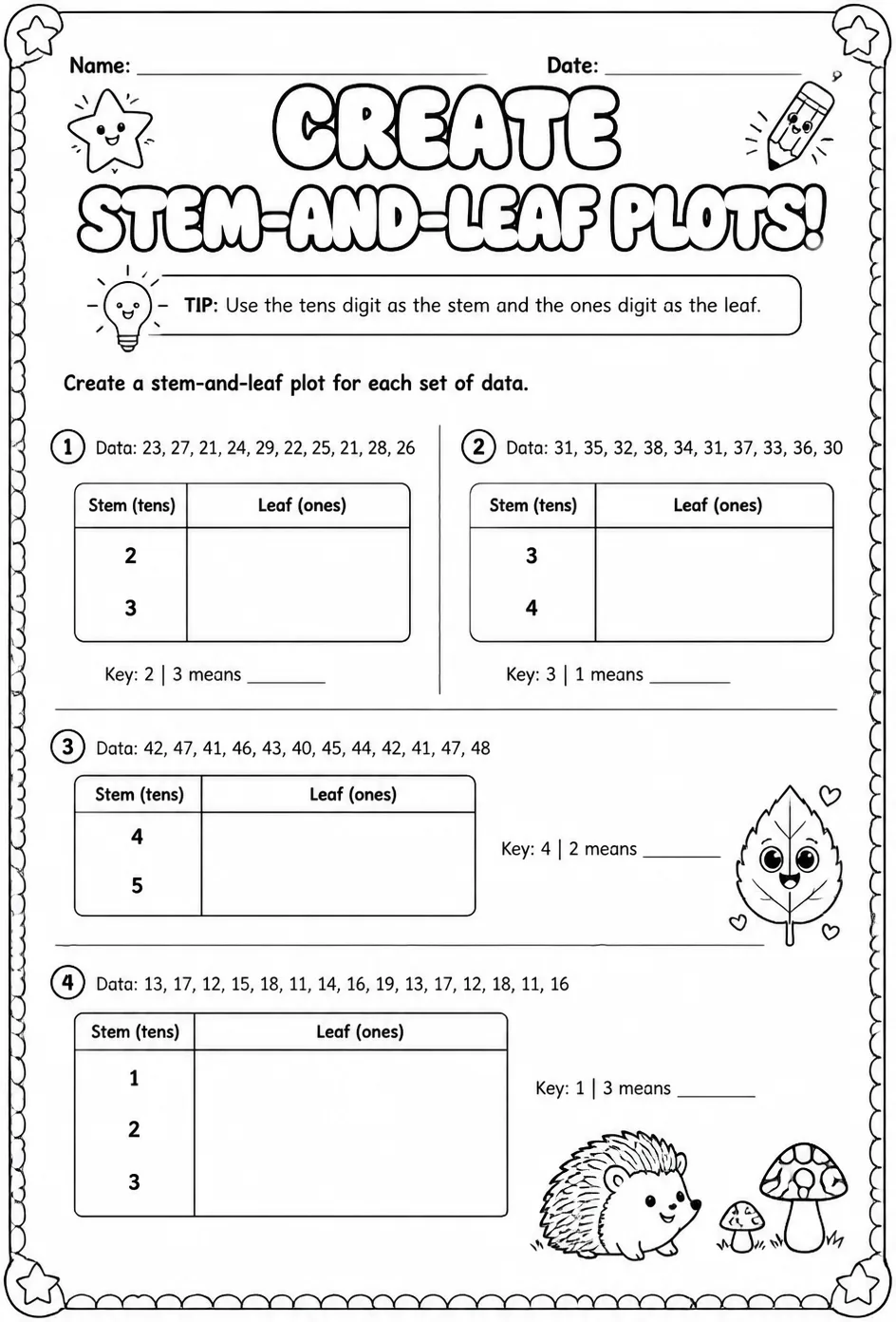Create stem-and-leaf plots — free printable Grade 4 math worksheet