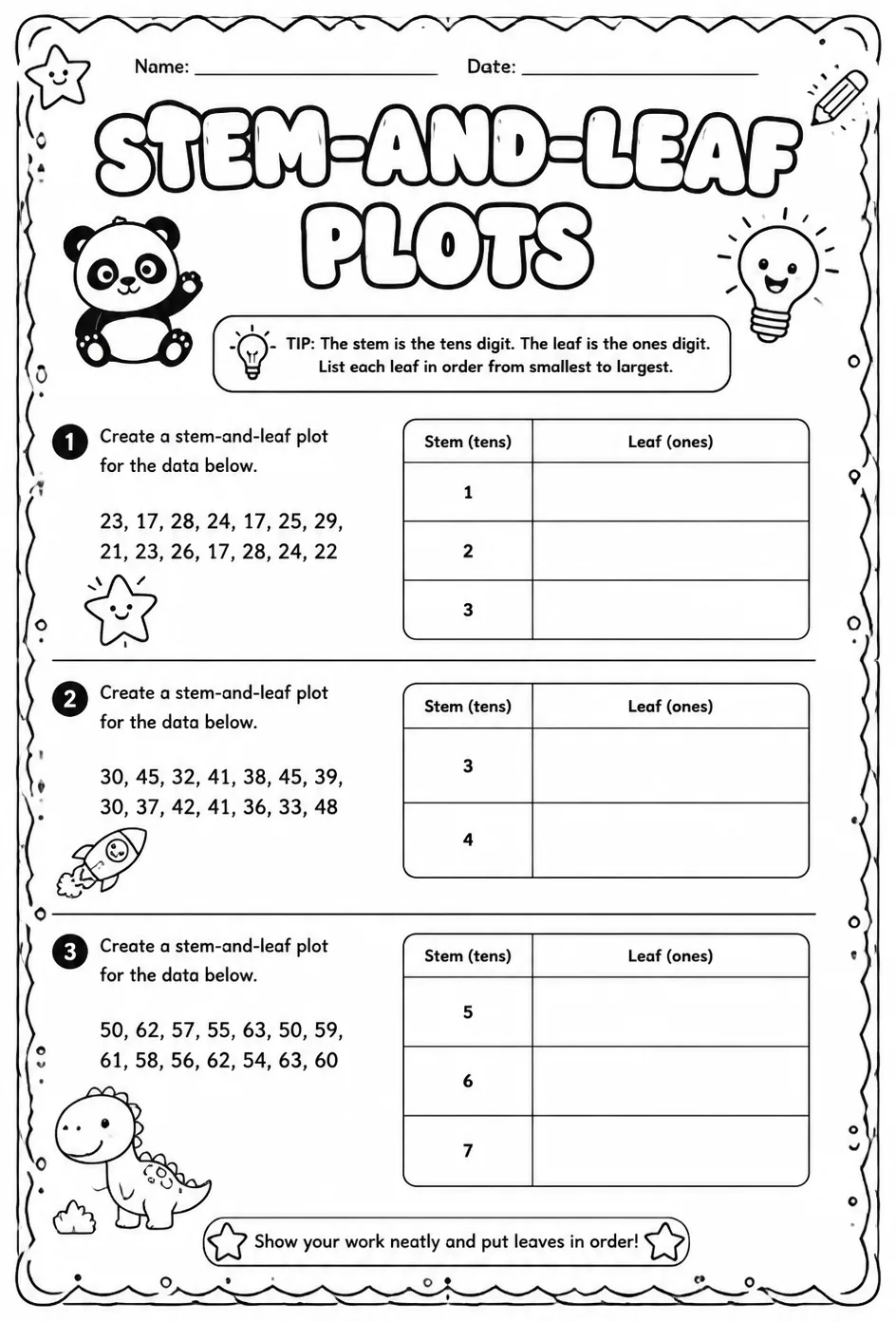 Create stem-and-leaf plots — free printable Grade 6 math worksheet