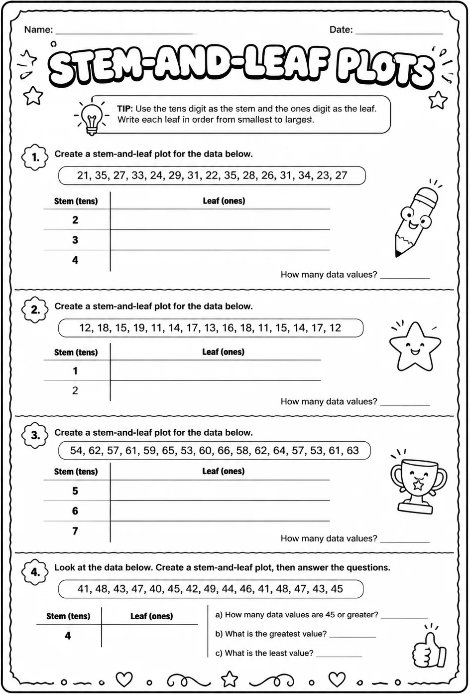 Create stem-and-leaf plots — free printable Grade 7 math worksheet