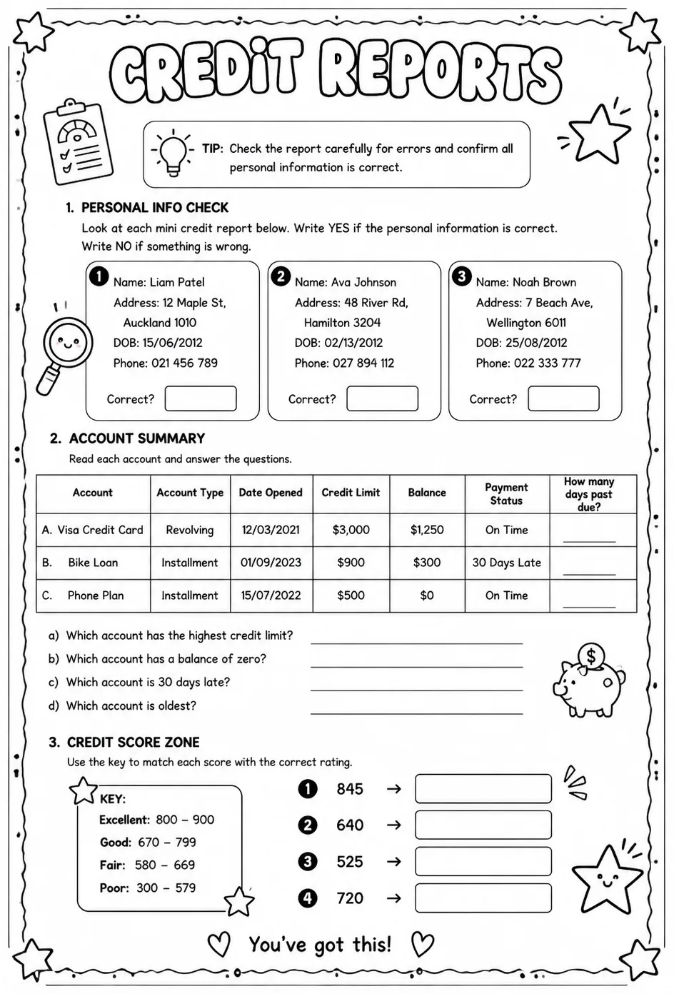 Credit reports — free printable Grade 6 math worksheet