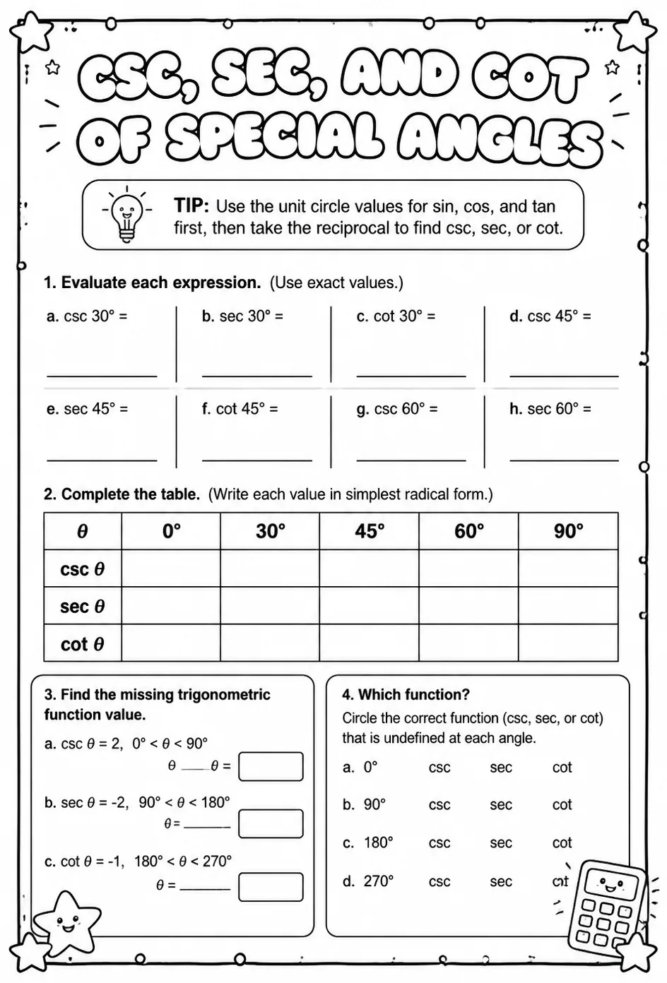 Csc, sec, and cot of special angles — free printable Algebra 2 math worksheet