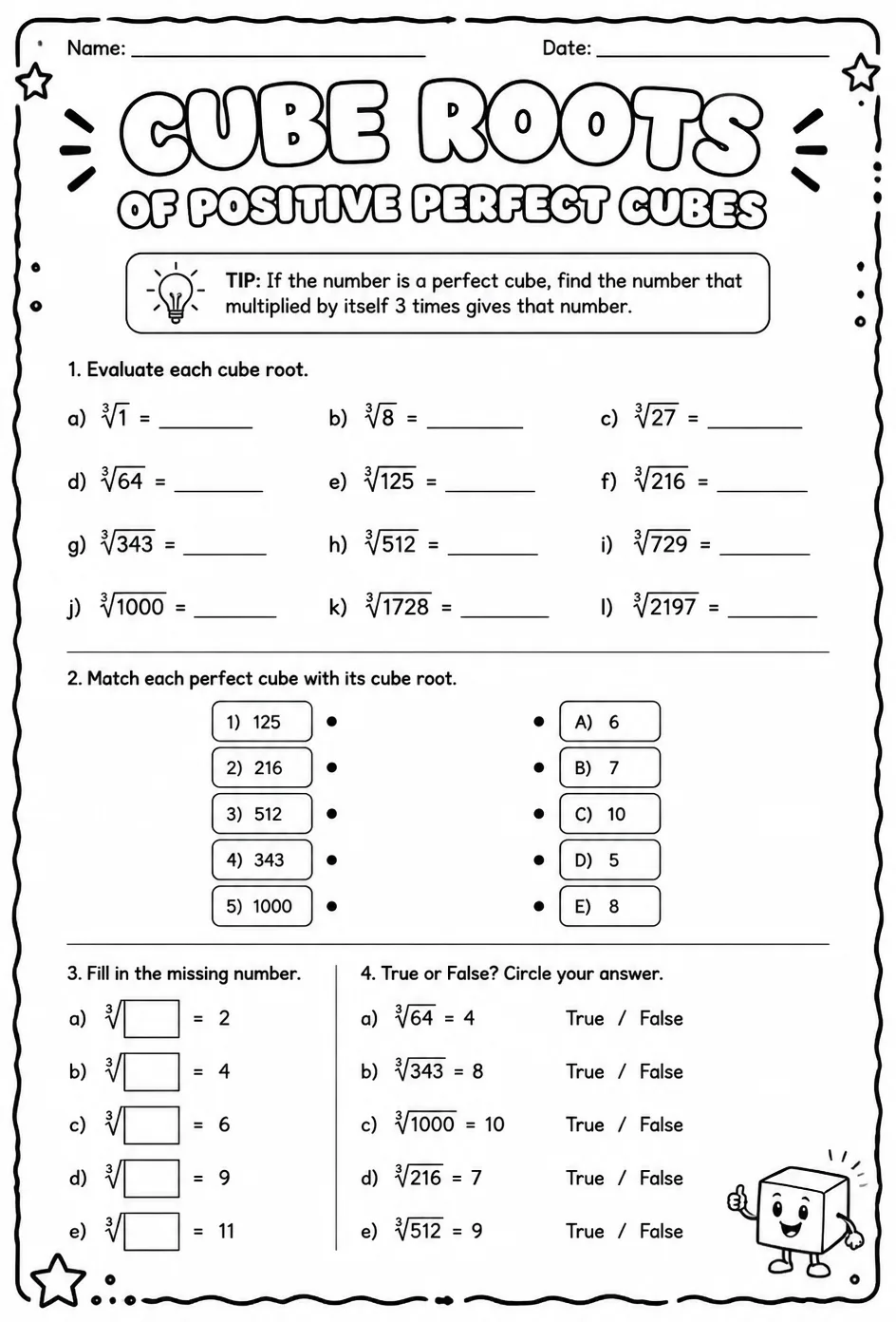 Cube roots of positive perfect cubes — free printable Grade 8 math worksheet