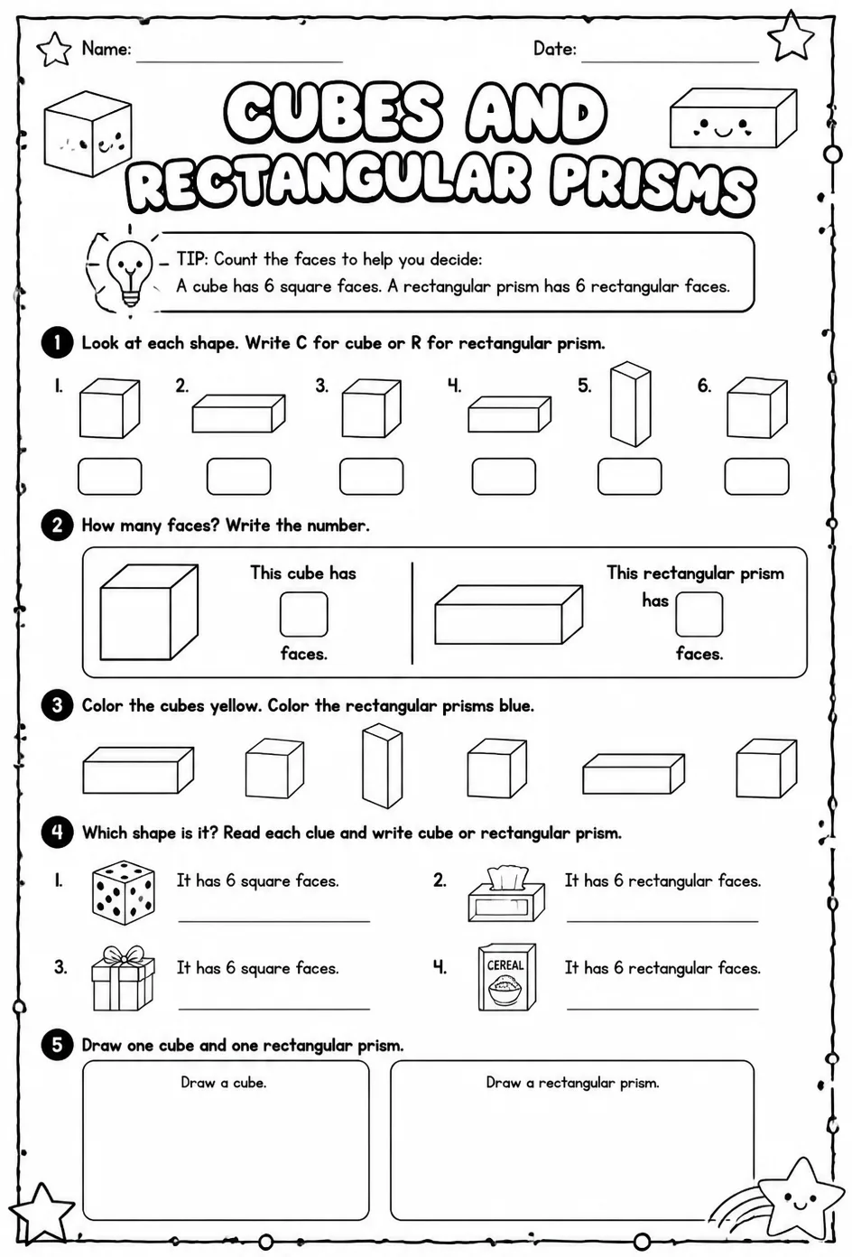 Cubes and rectangular prisms — free printable Grade 1 math worksheet