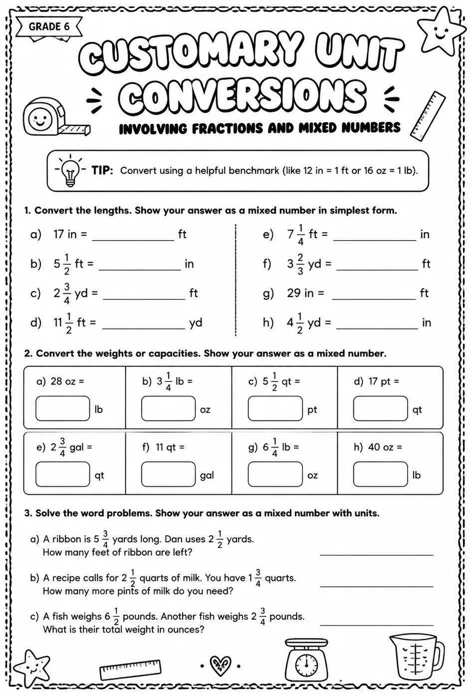 Customary unit conversions involving fractions and mixed numbers — free printable Grade 6 math worksheet