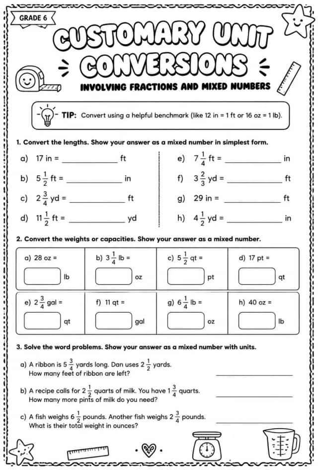 Customary unit conversions involving fractions and mixed numbers