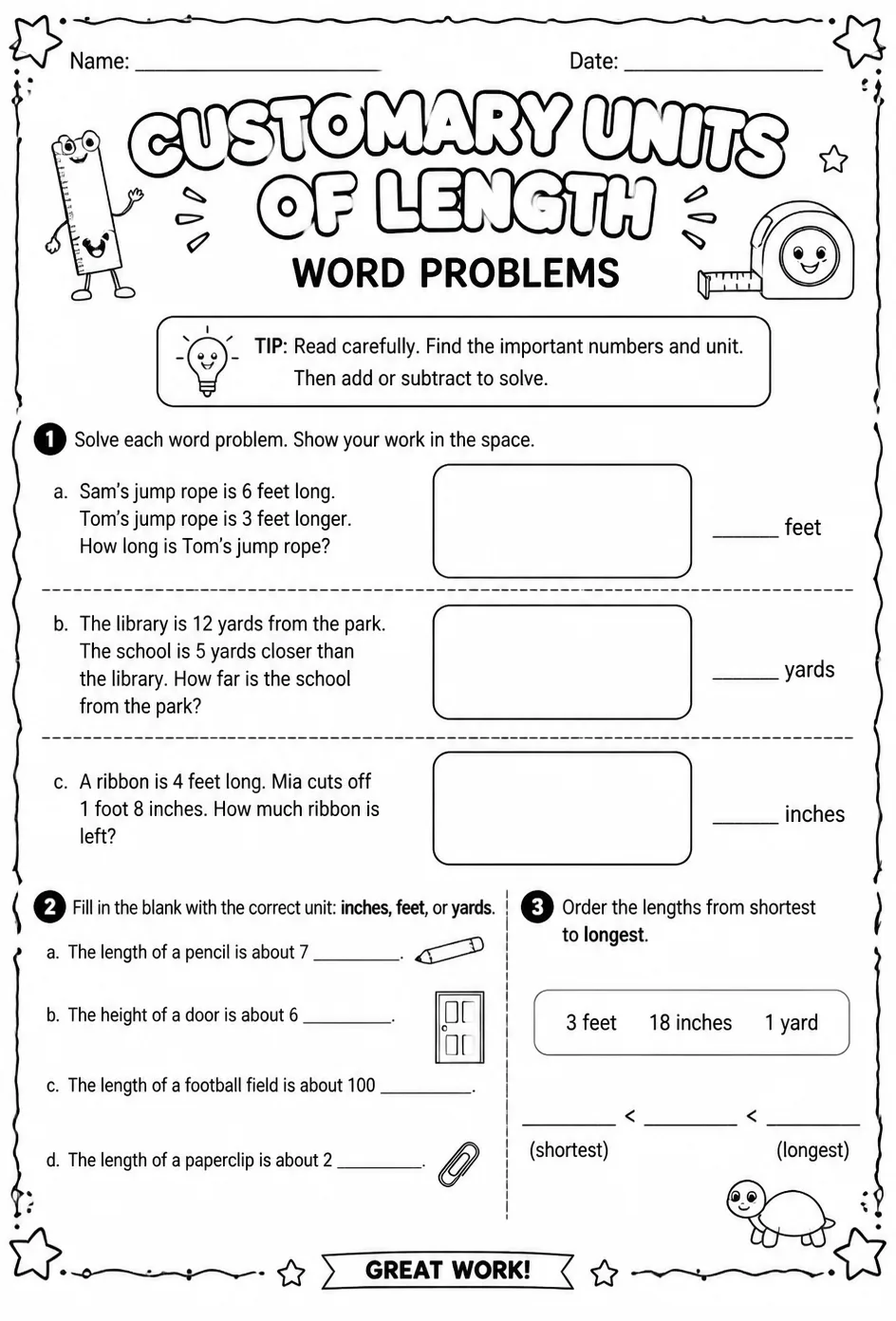 Customary units of length: word problems — free printable Grade 2 math worksheet