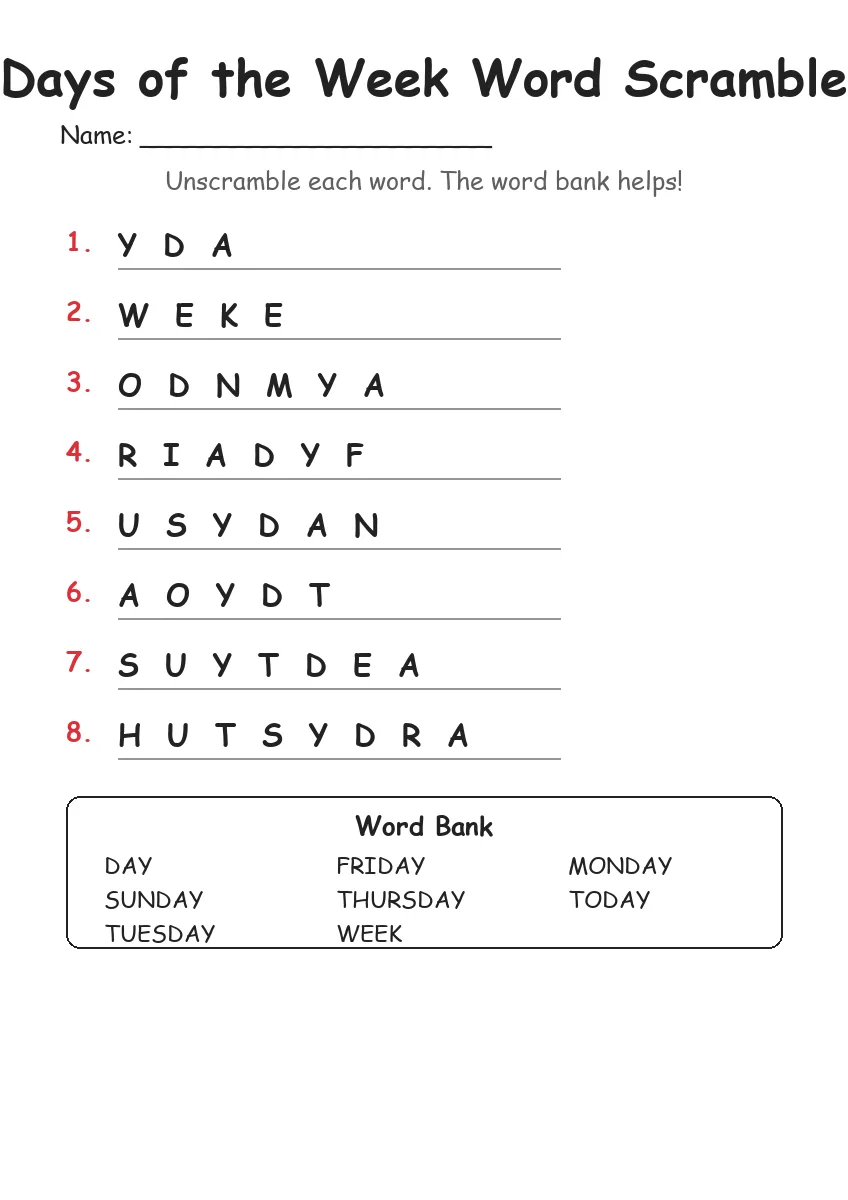 Days of the Week word scramble worksheet for Grade 1