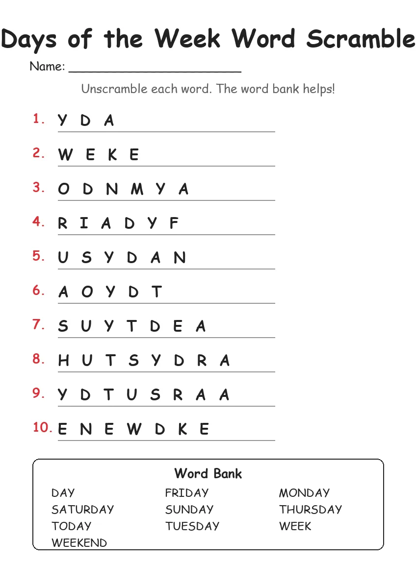 Days of the Week word scramble worksheet for Grade 3