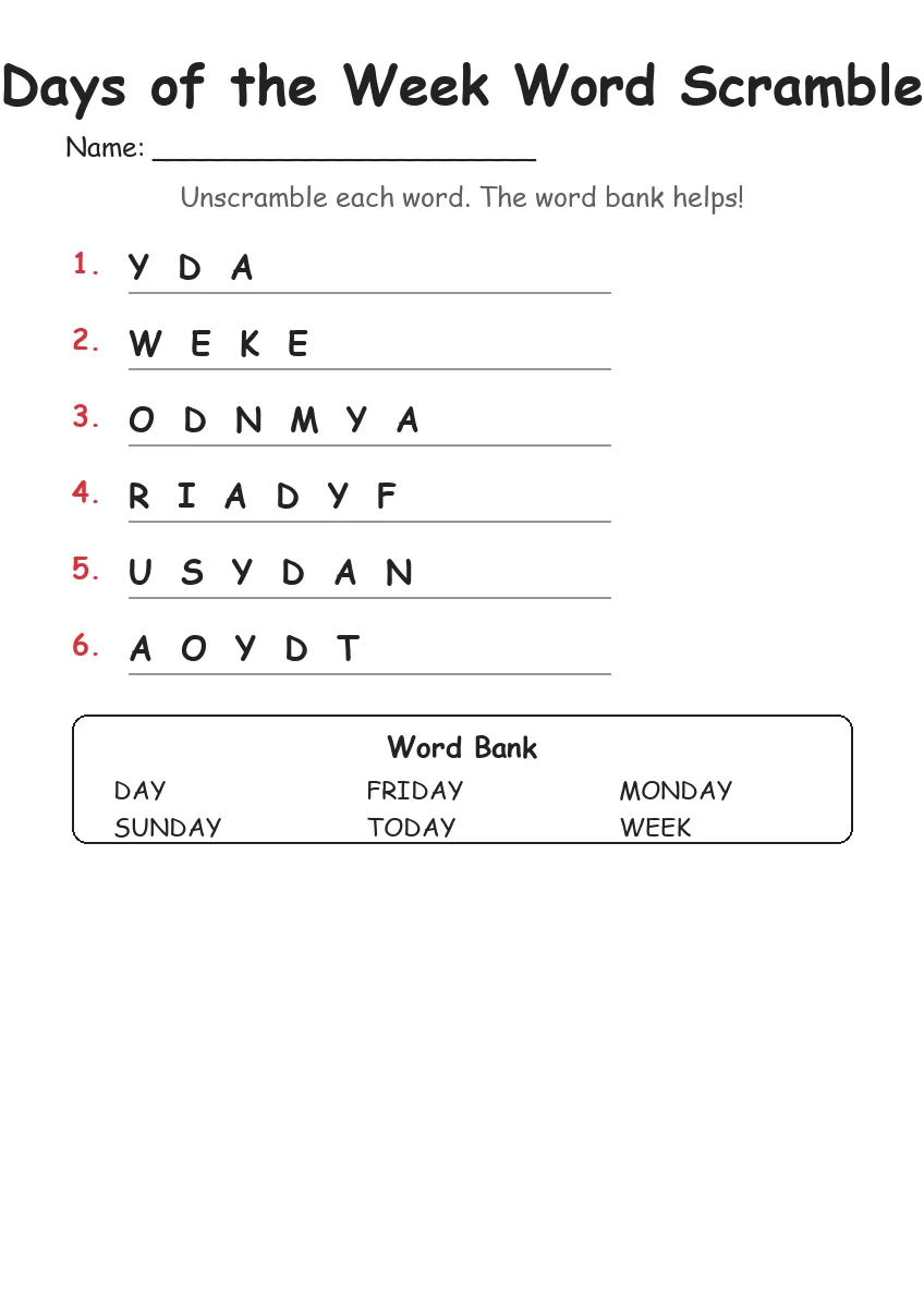 Days of the Week word scramble worksheet for Kindergarten