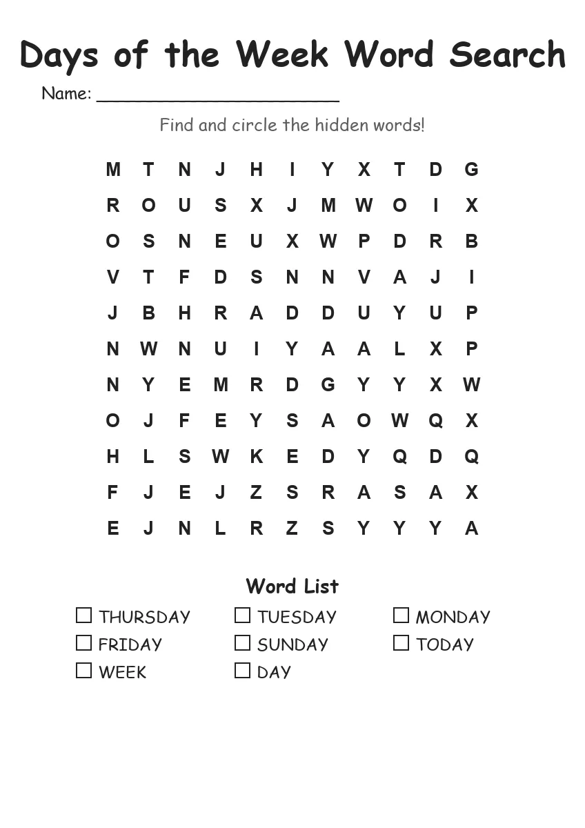 Days of the Week word search worksheet for Grade 1