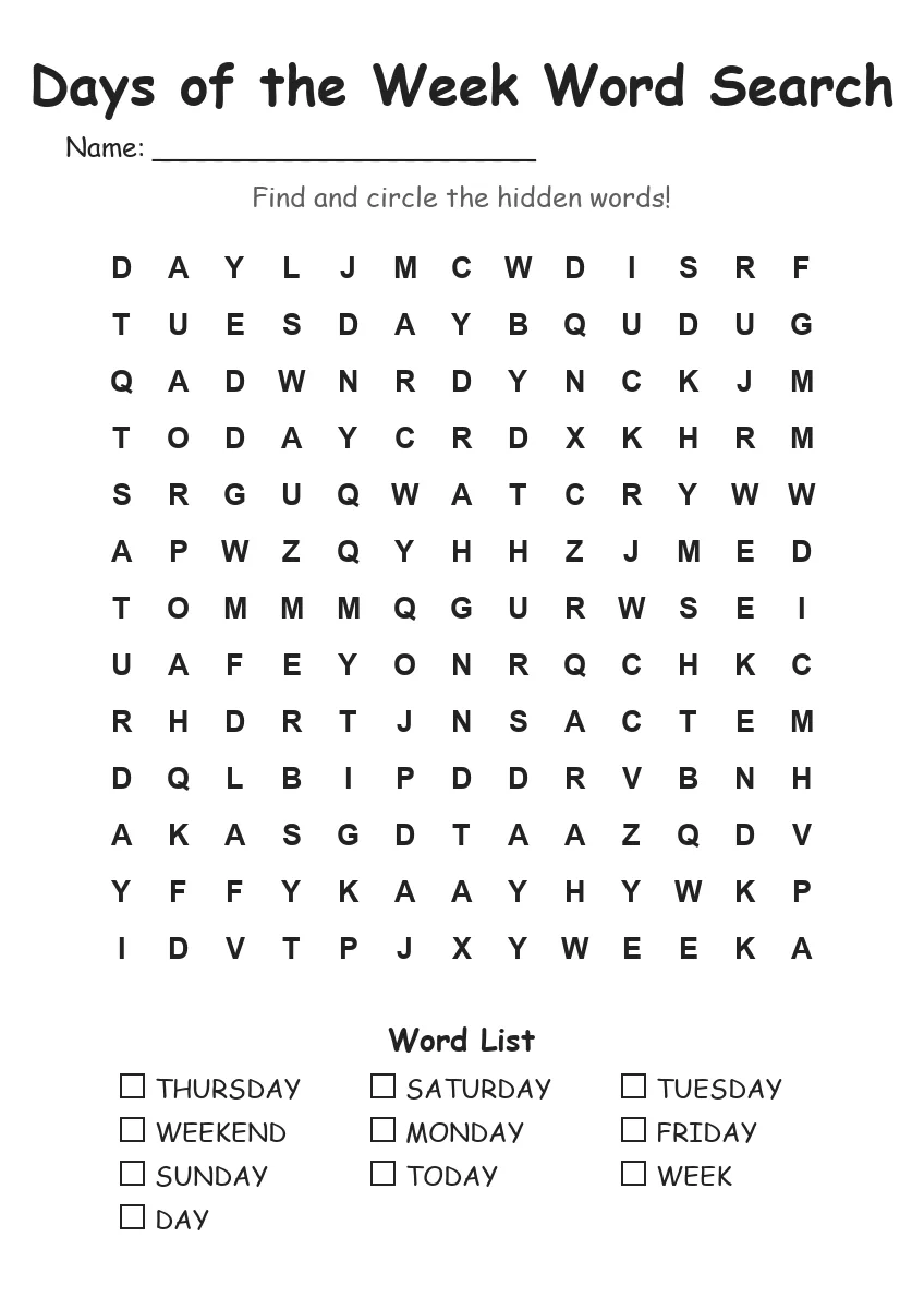 Days of the Week word search worksheet for Grade 2