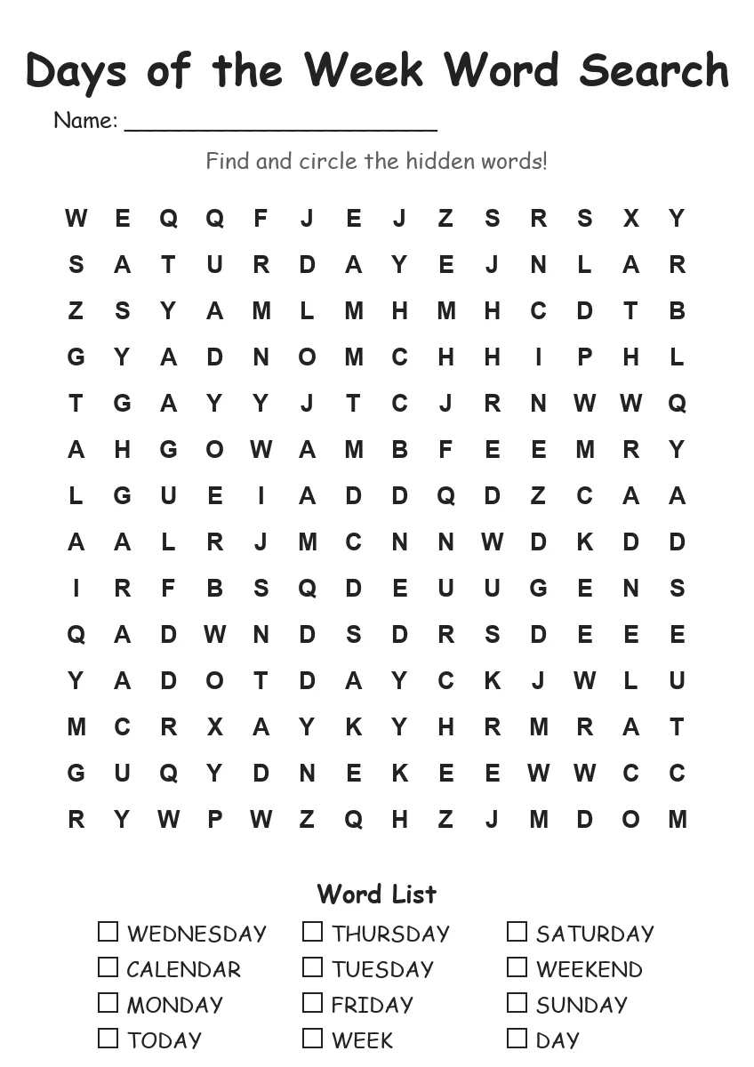 Days of the Week word search worksheet for Grade 3