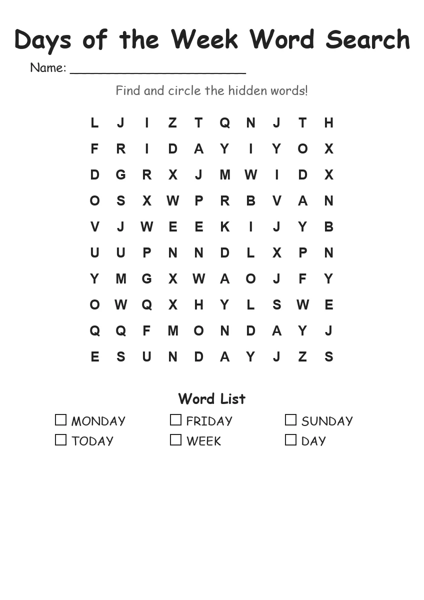Days of the Week word search worksheet for Kindergarten