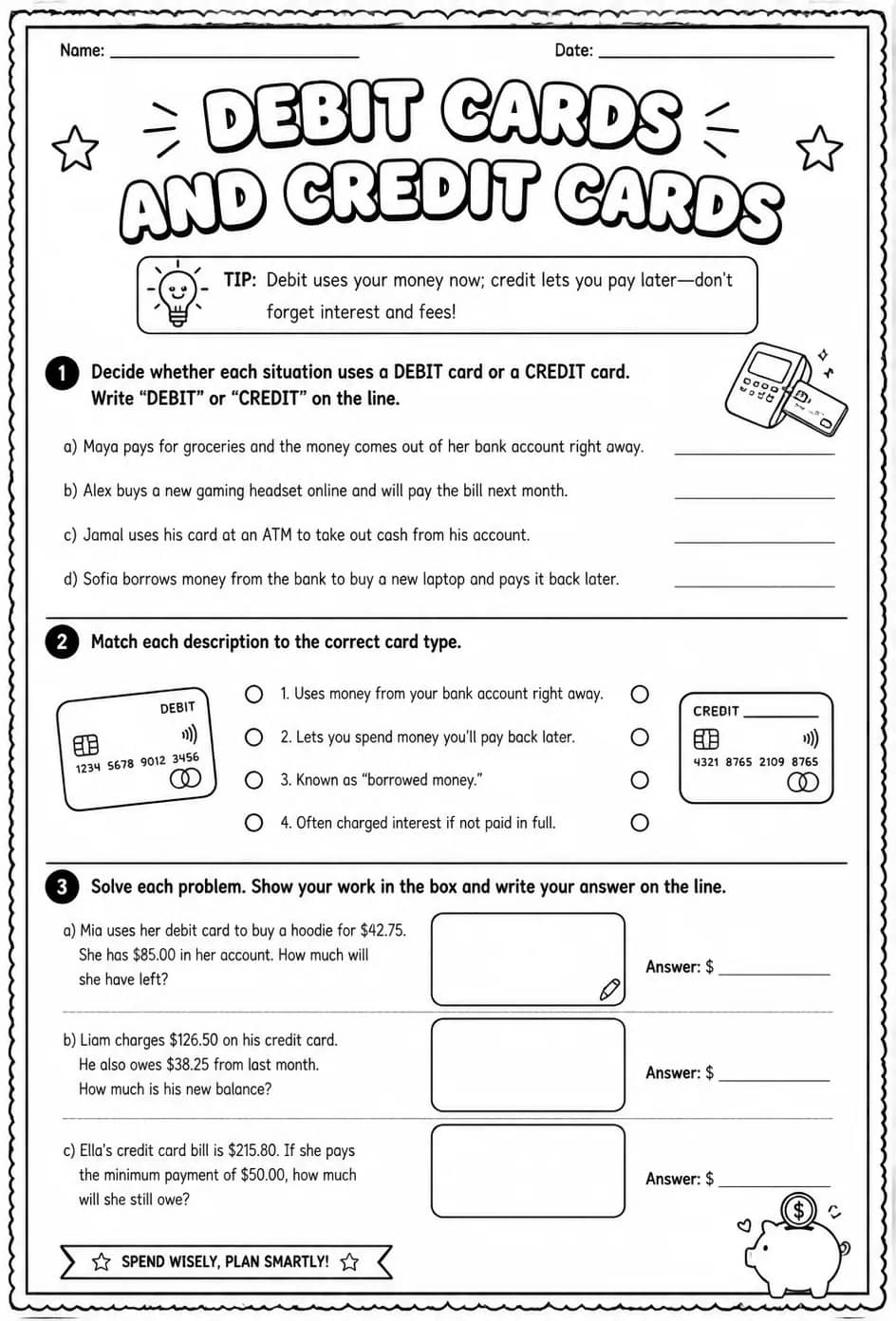 Debit cards and credit cards — free printable Grade 6 math worksheet