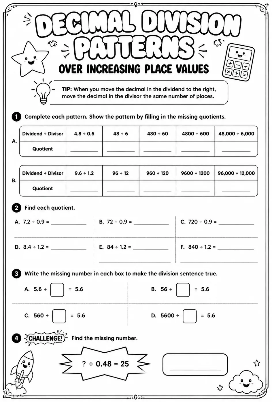Decimal division patterns over increasing place values — free printable Grade 5 math worksheet