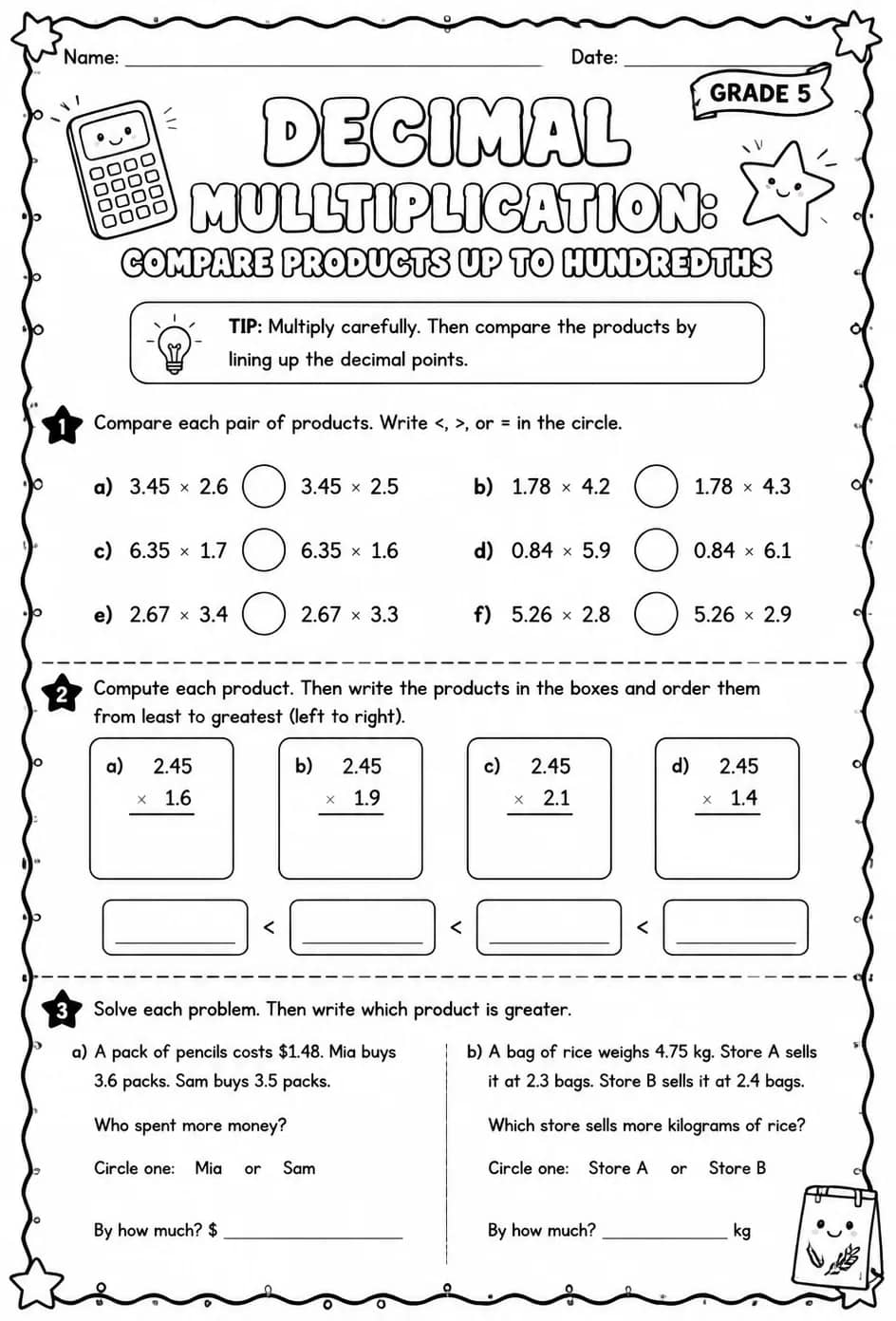 Decimal multiplication: compare products up to hundredths — free printable Grade 5 math worksheet