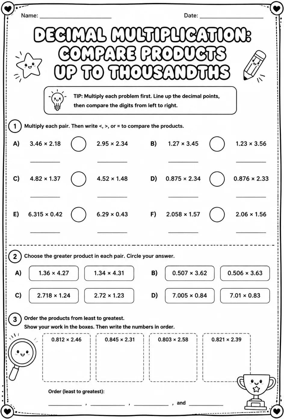 Decimal multiplication: compare products up to thousandths — free printable Grade 5 math worksheet