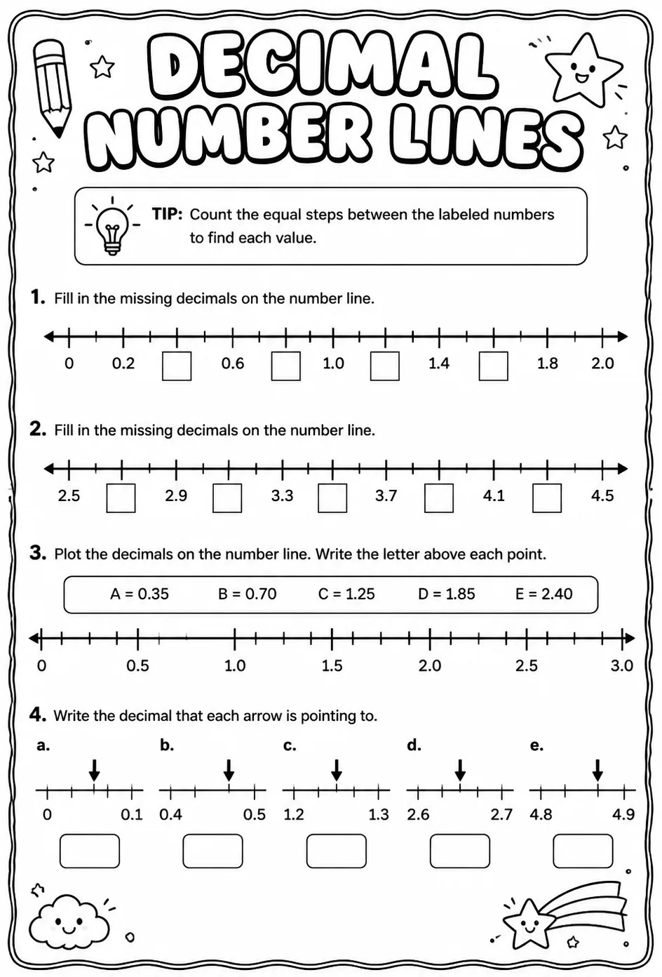 Decimal number lines — free printable Grade 4 math worksheet