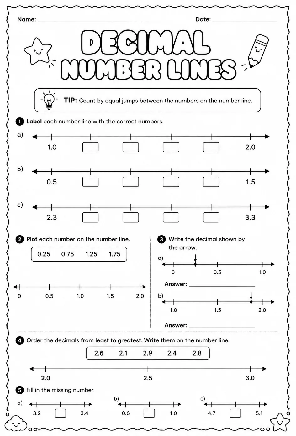Decimal number lines — free printable Grade 5 math worksheet