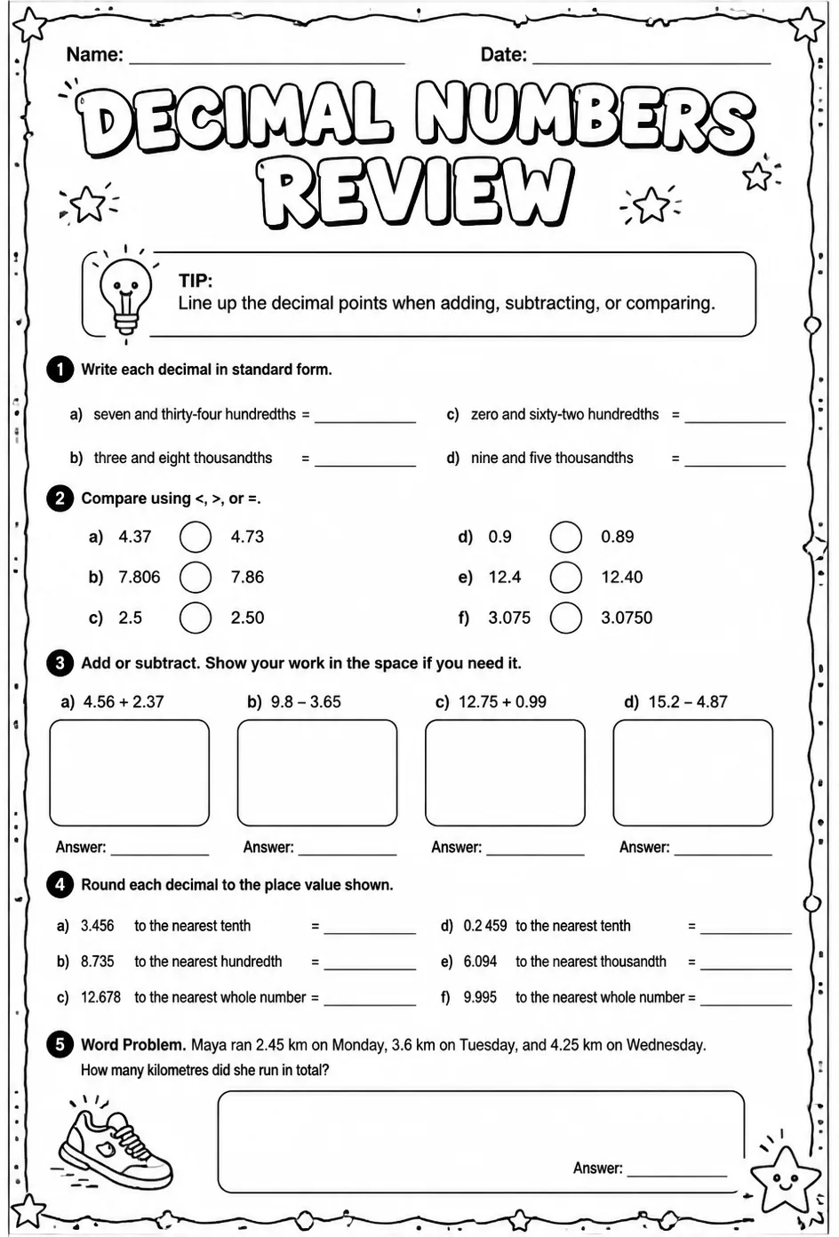 Decimal numbers review — free printable Grade 7 math worksheet