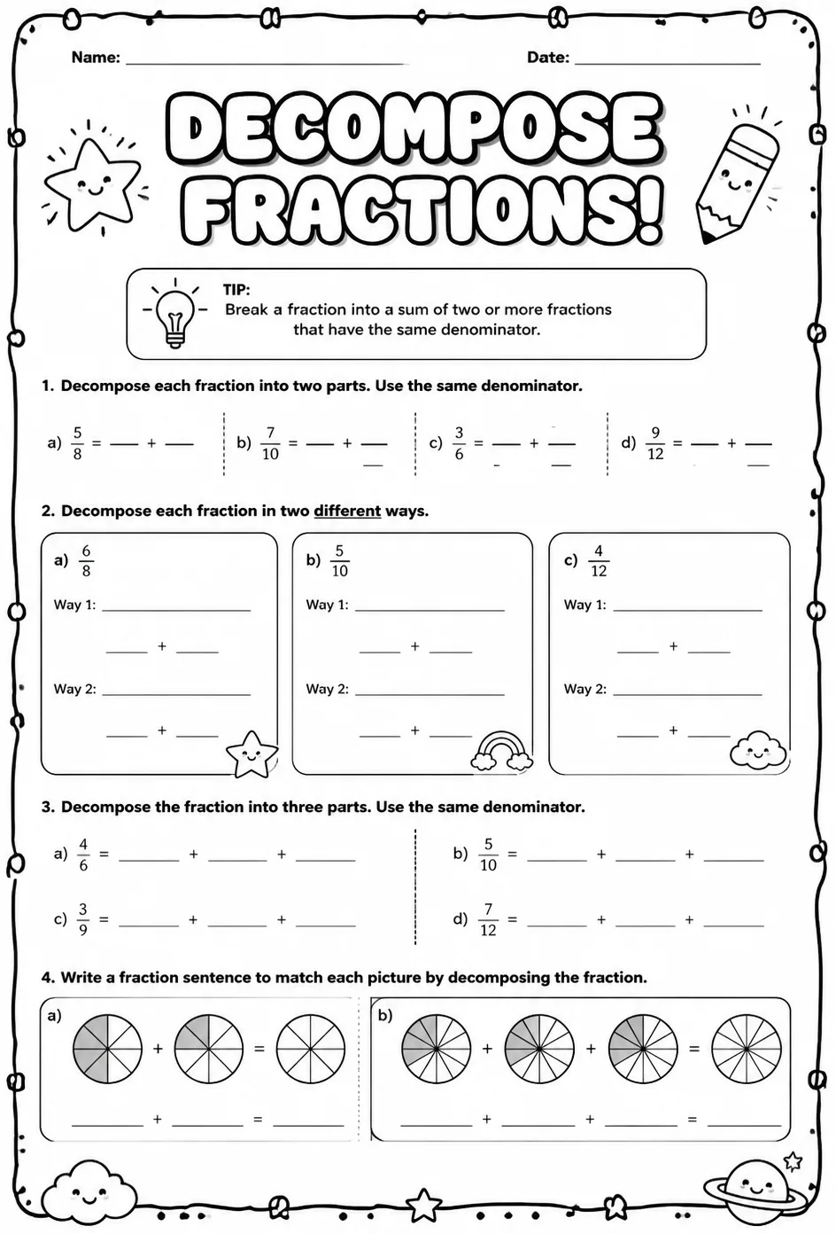 Decompose fractions — free printable Grade 4 math worksheet