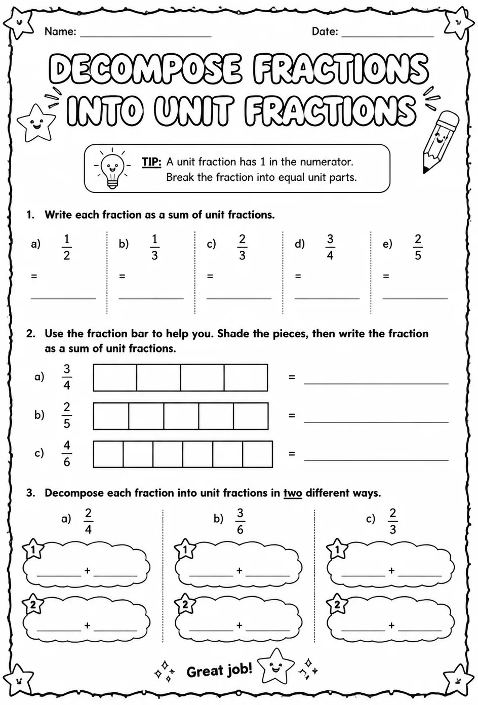 Decompose fractions into unit fractions — free printable Grade 3 math worksheet