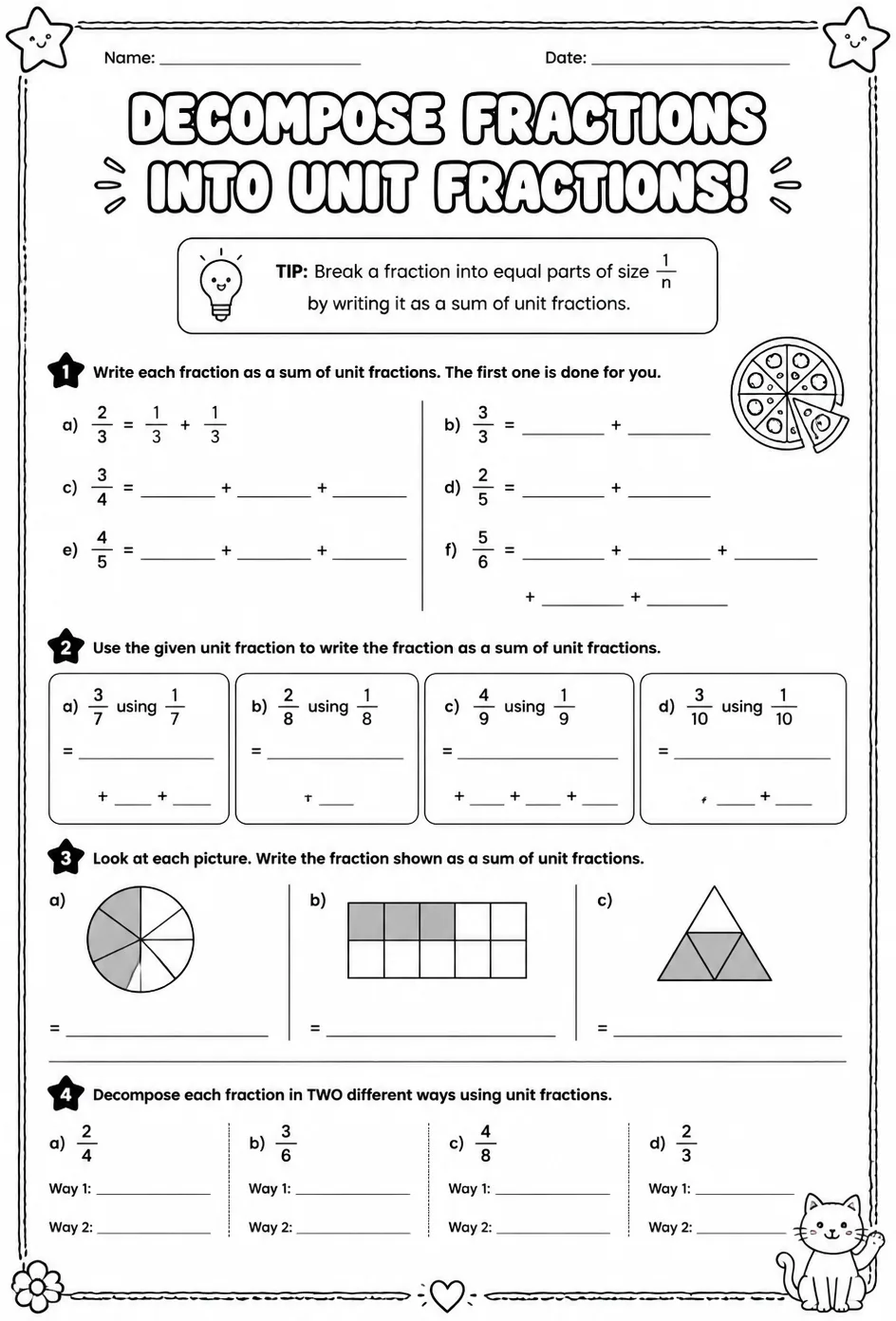 Decompose fractions into unit fractions — free printable Grade 4 math worksheet