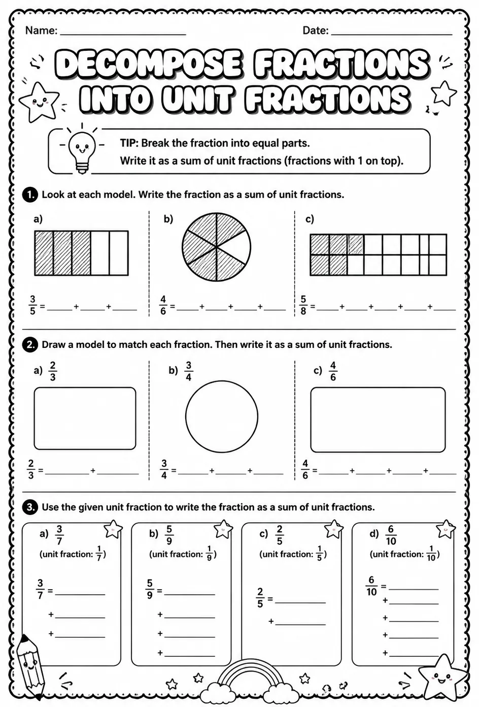 Decompose fractions into unit fractions using models — free printable Grade 4 math worksheet