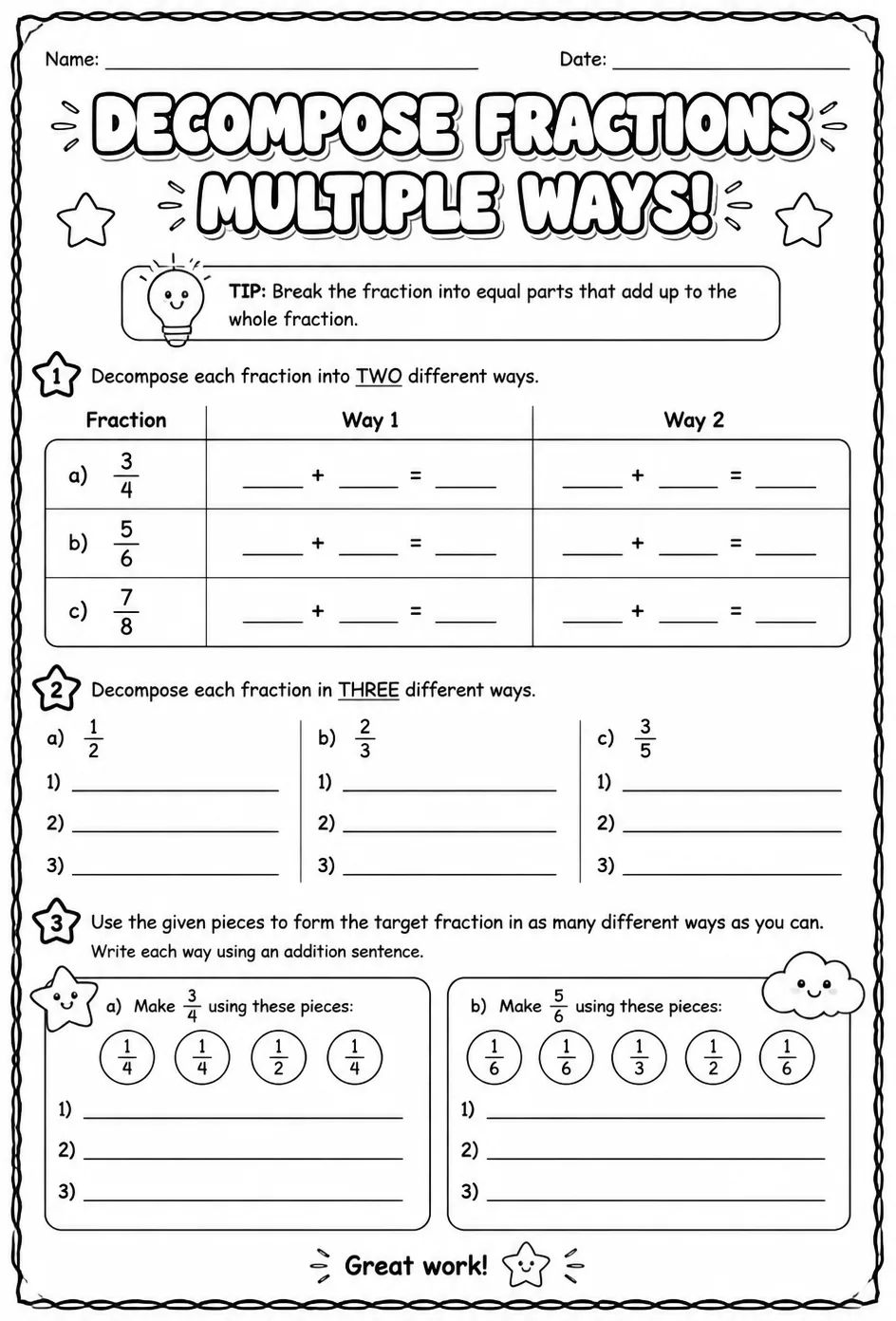 Decompose fractions multiple ways — free printable Grade 4 math worksheet