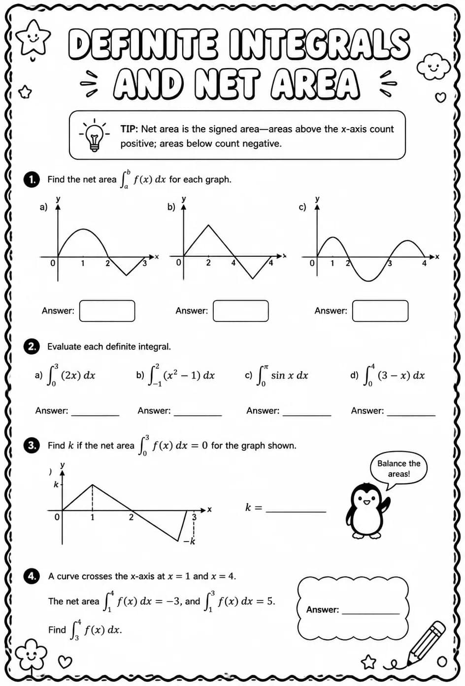 Definite integrals and net area — free printable Calculus math worksheet