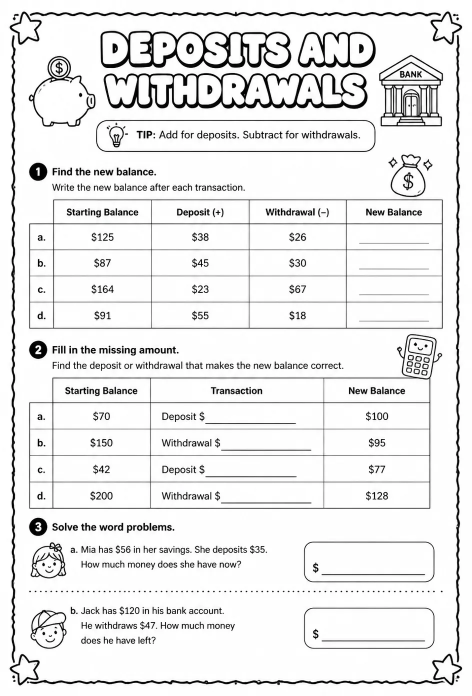 Deposits and withdrawals — free printable Grade 2 math worksheet