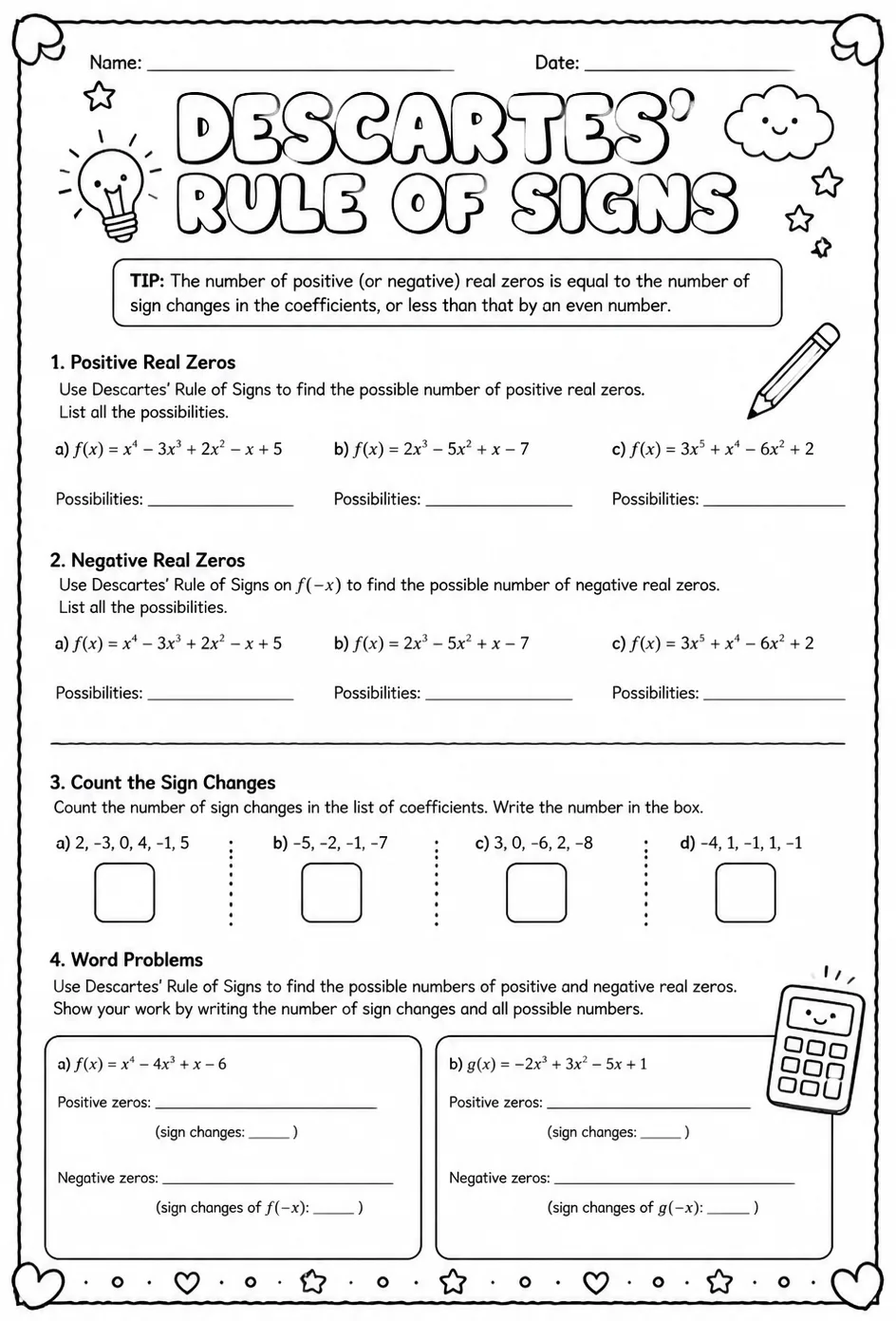 Descartes' Rule of Signs — free printable Precalculus math worksheet