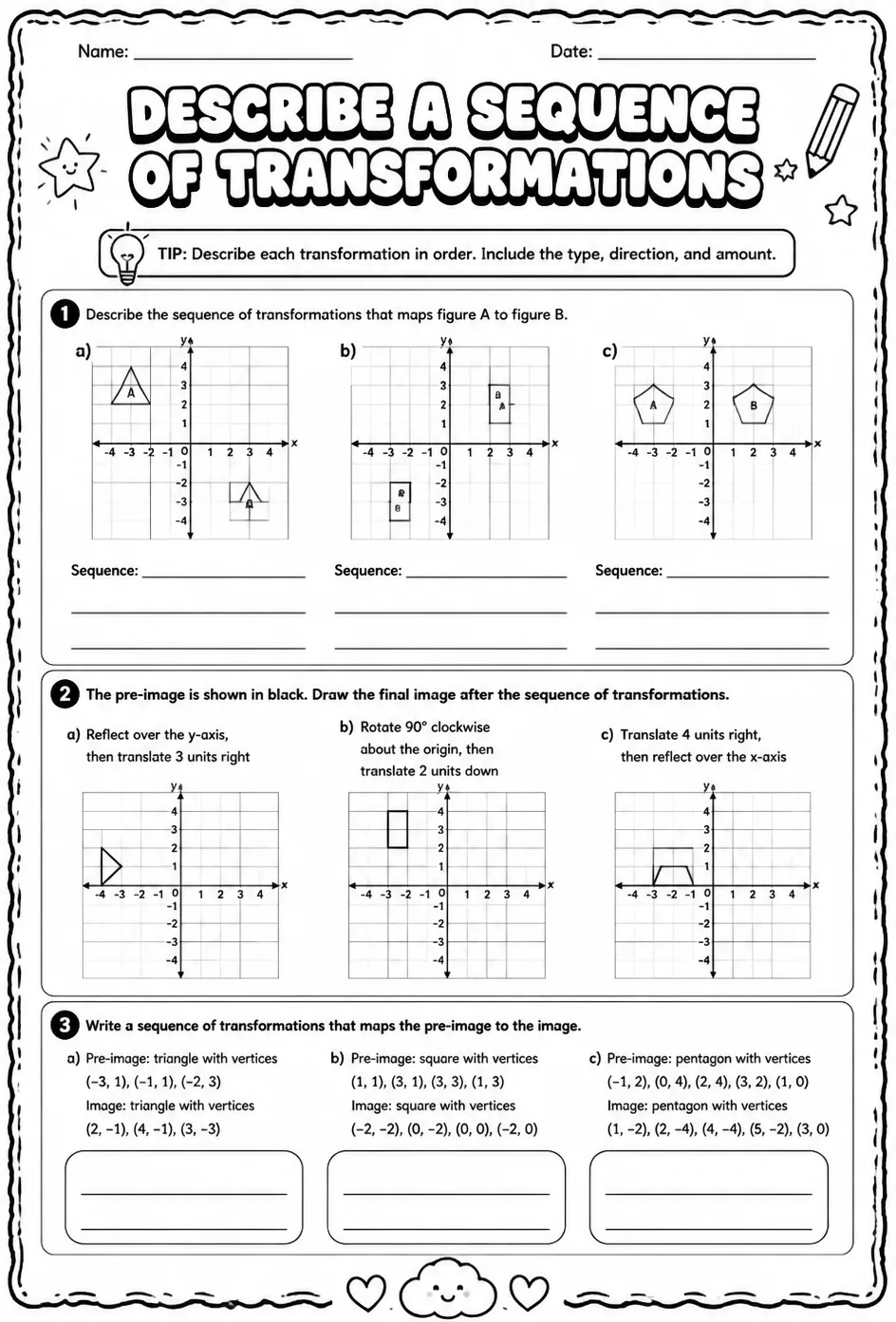 Describe a sequence of transformations — free printable Grade 8 math worksheet