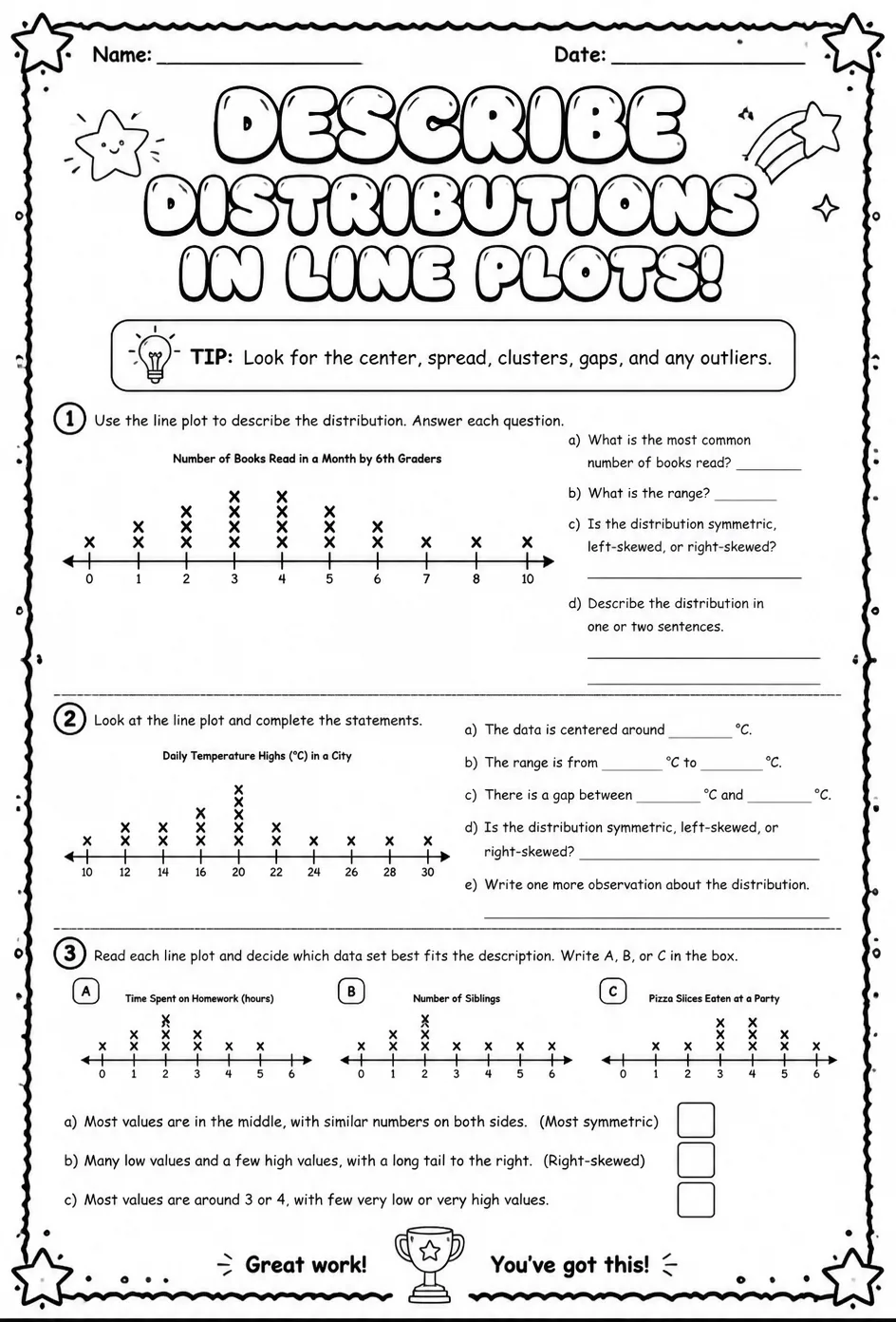 Describe distributions in line plots — free printable Grade 6 math worksheet