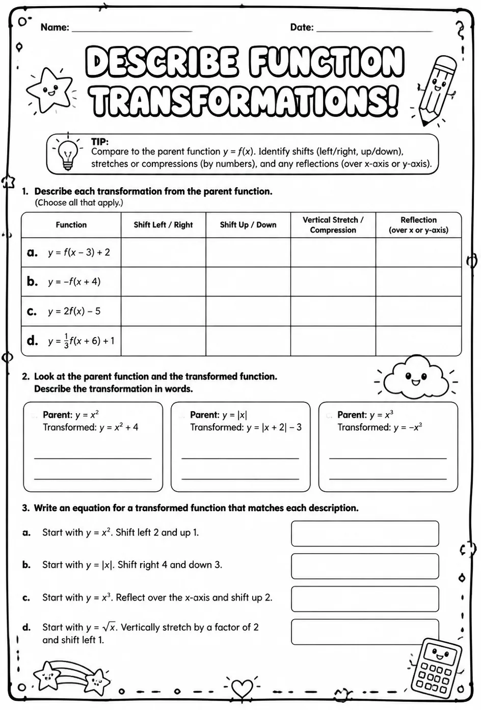 Describe function transformations — free printable Algebra 1 math worksheet