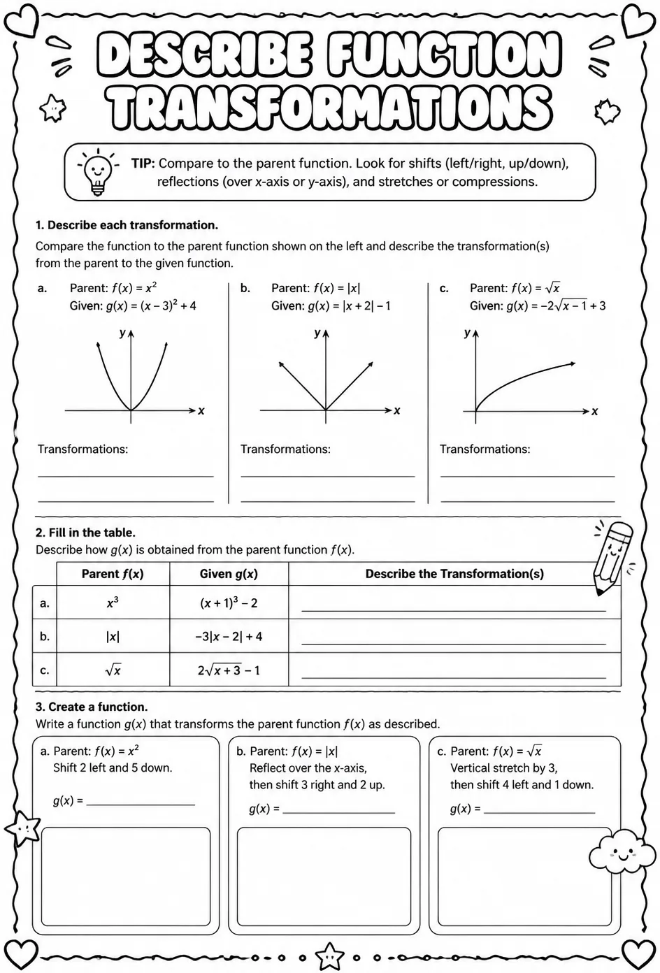 Describe function transformations — free printable Algebra 2 math worksheet