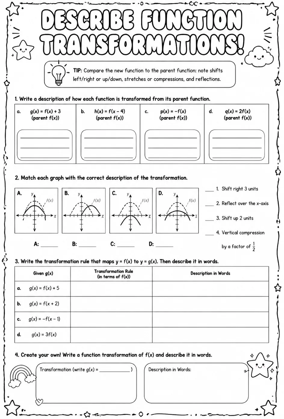 Describe function transformations — free printable Precalculus math worksheet