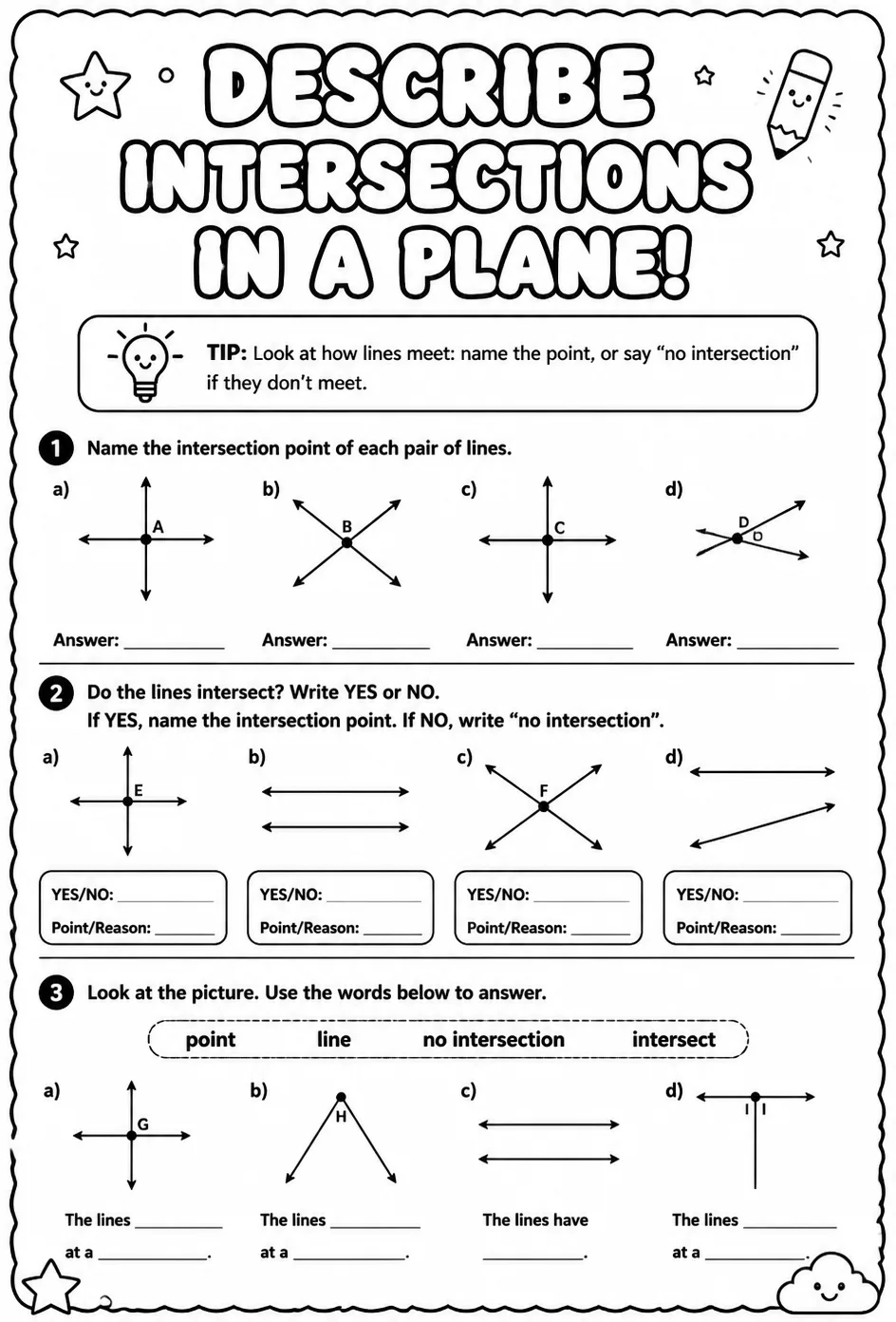 Describe intersections in a plane — free printable Geometry math worksheet