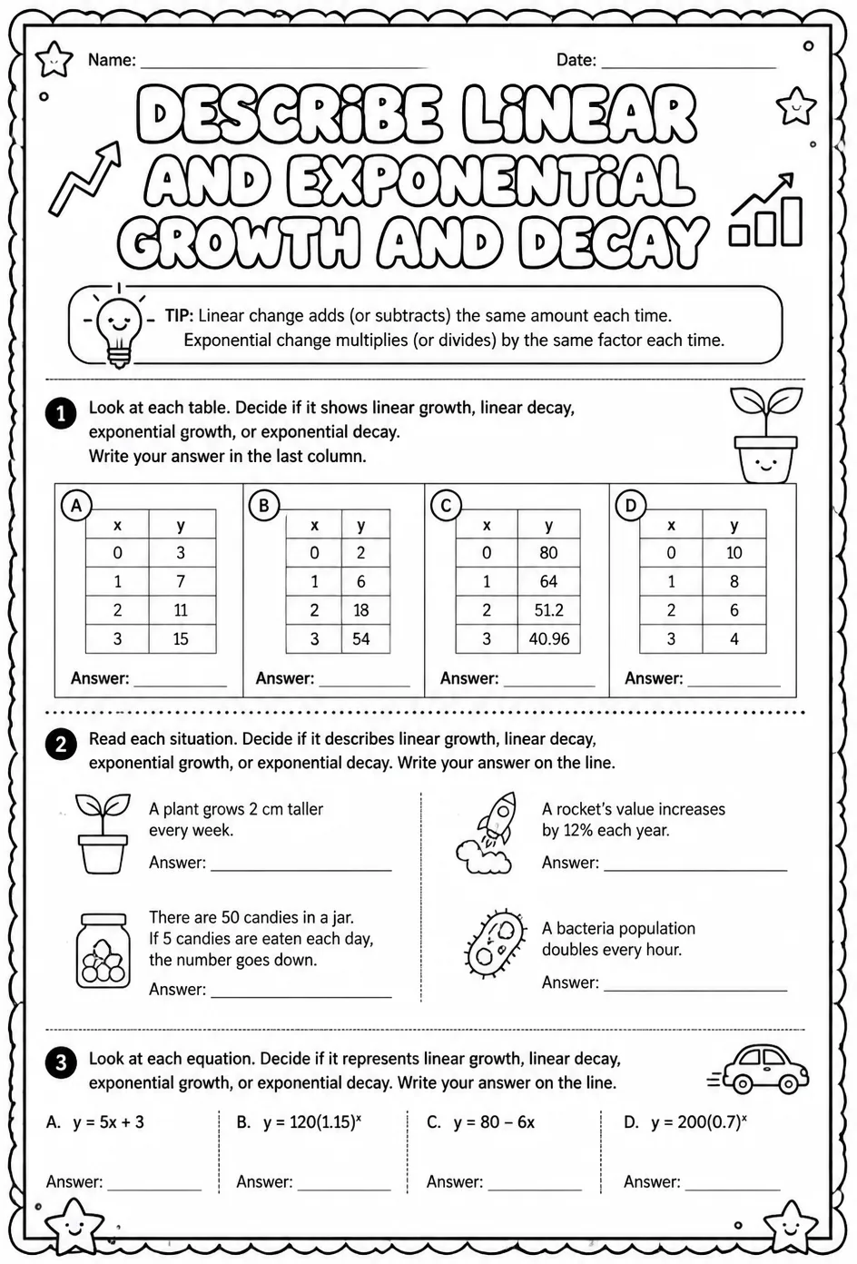 Describe linear and exponential growth and decay — free printable Algebra 1 math worksheet
