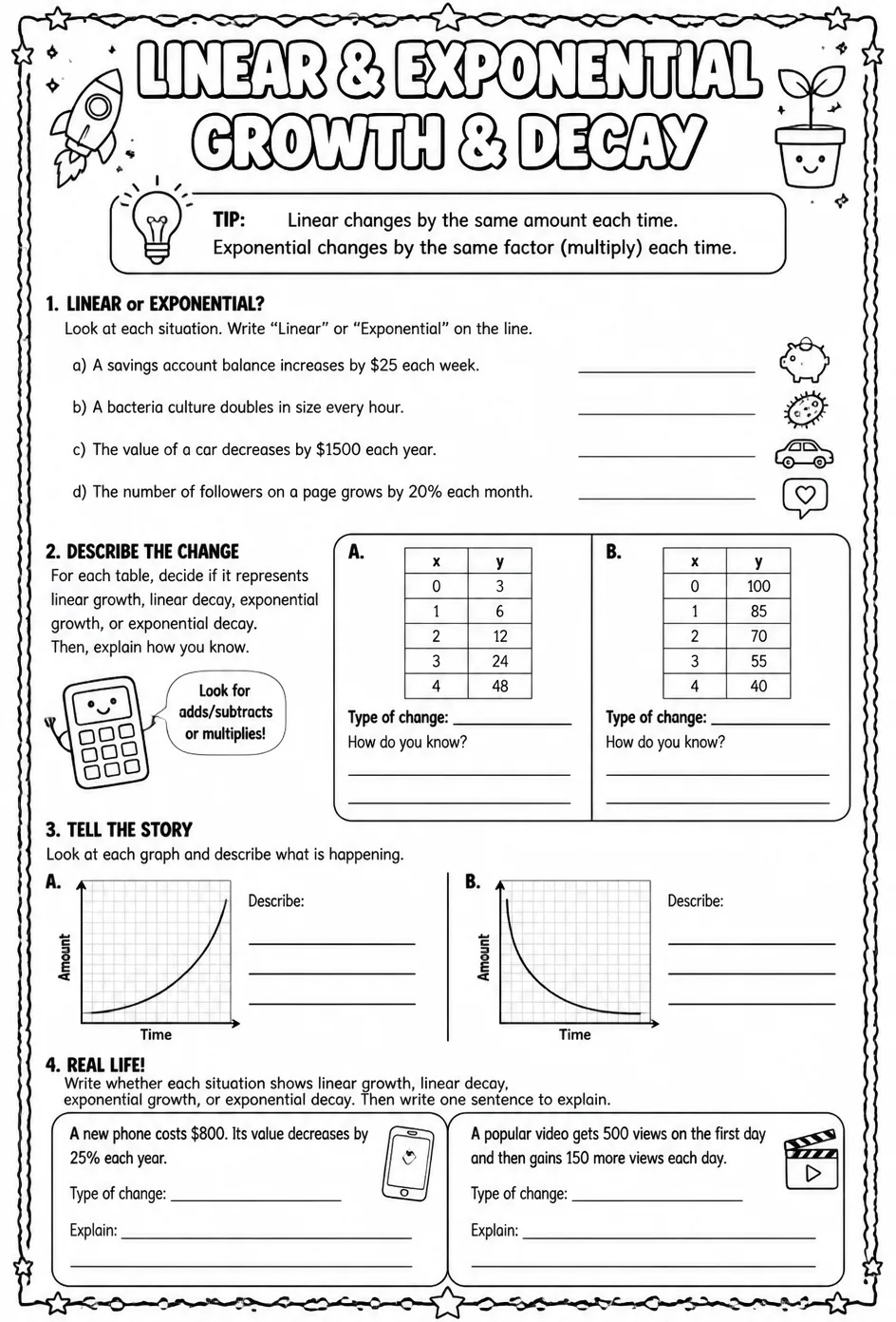 Describe linear and exponential growth and decay — free printable Algebra 2 math worksheet